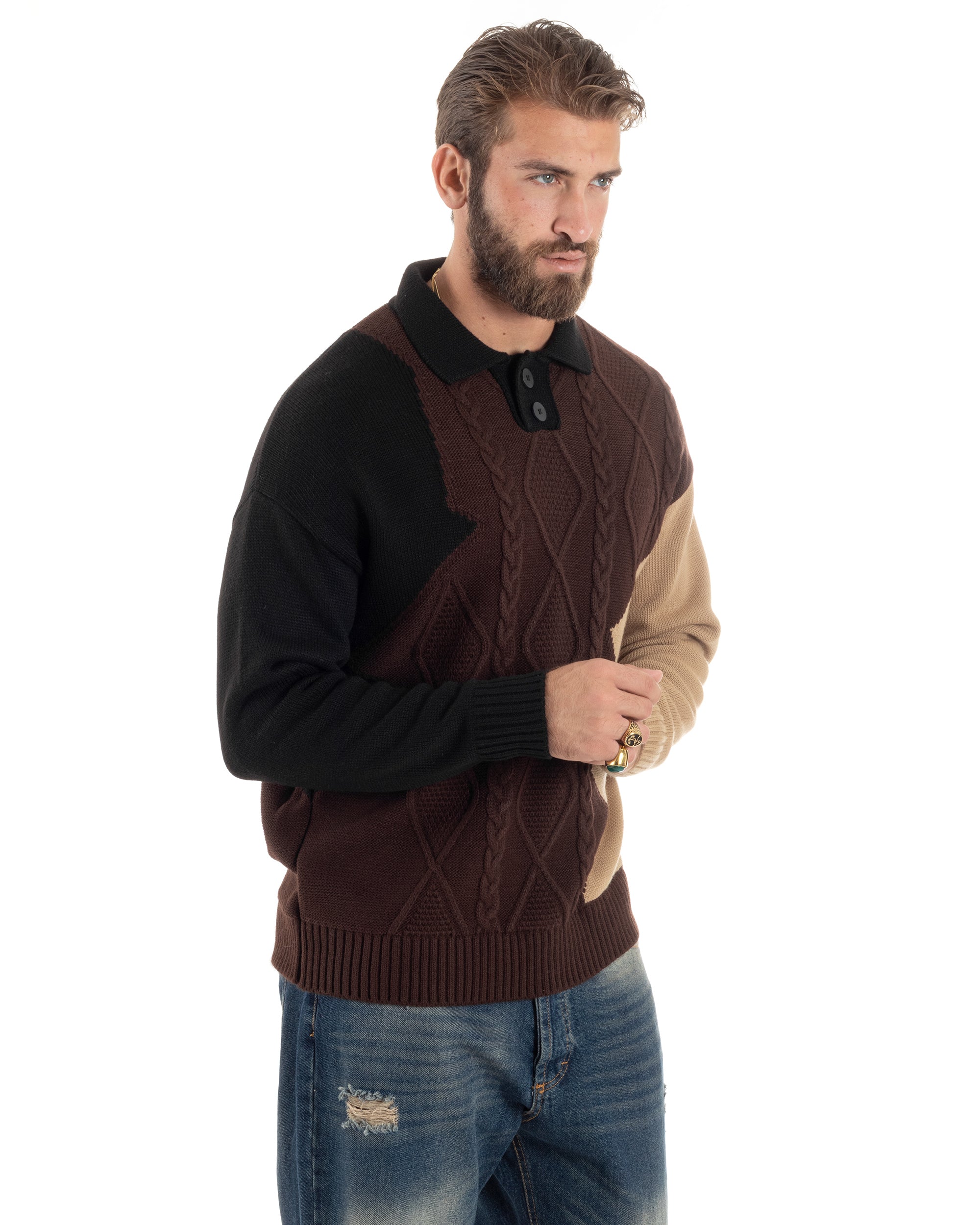 Maglione Uomo Lana Patch Trecce Polo Calda Maniche Lunghe Comoda Pullover Lavorato Color Block Casual Marrone GIOSAL-M2897A