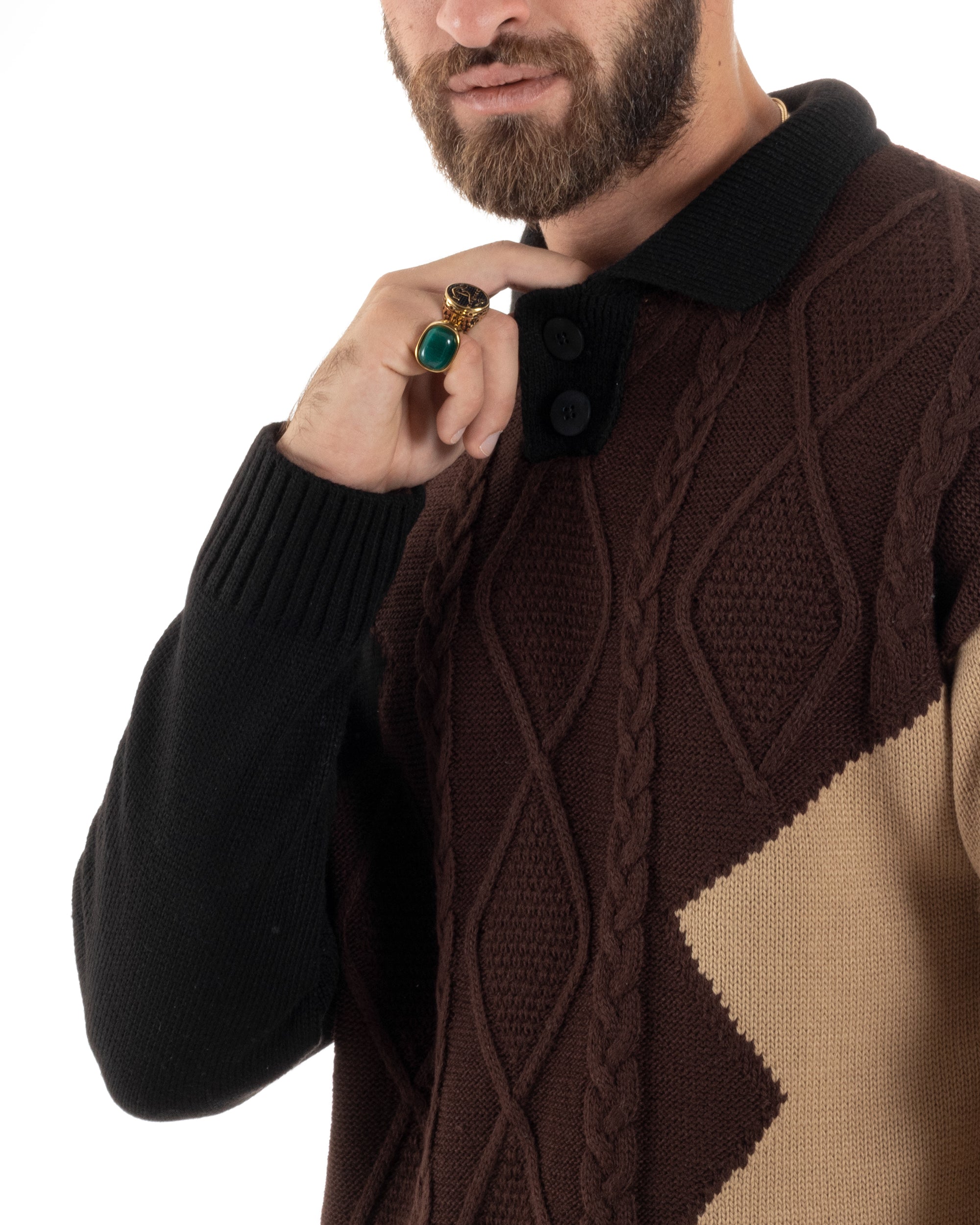 Maglione Uomo Lana Patch Trecce Polo Calda Maniche Lunghe Comoda Pullover Lavorato Color Block Casual Marrone GIOSAL-M2897A