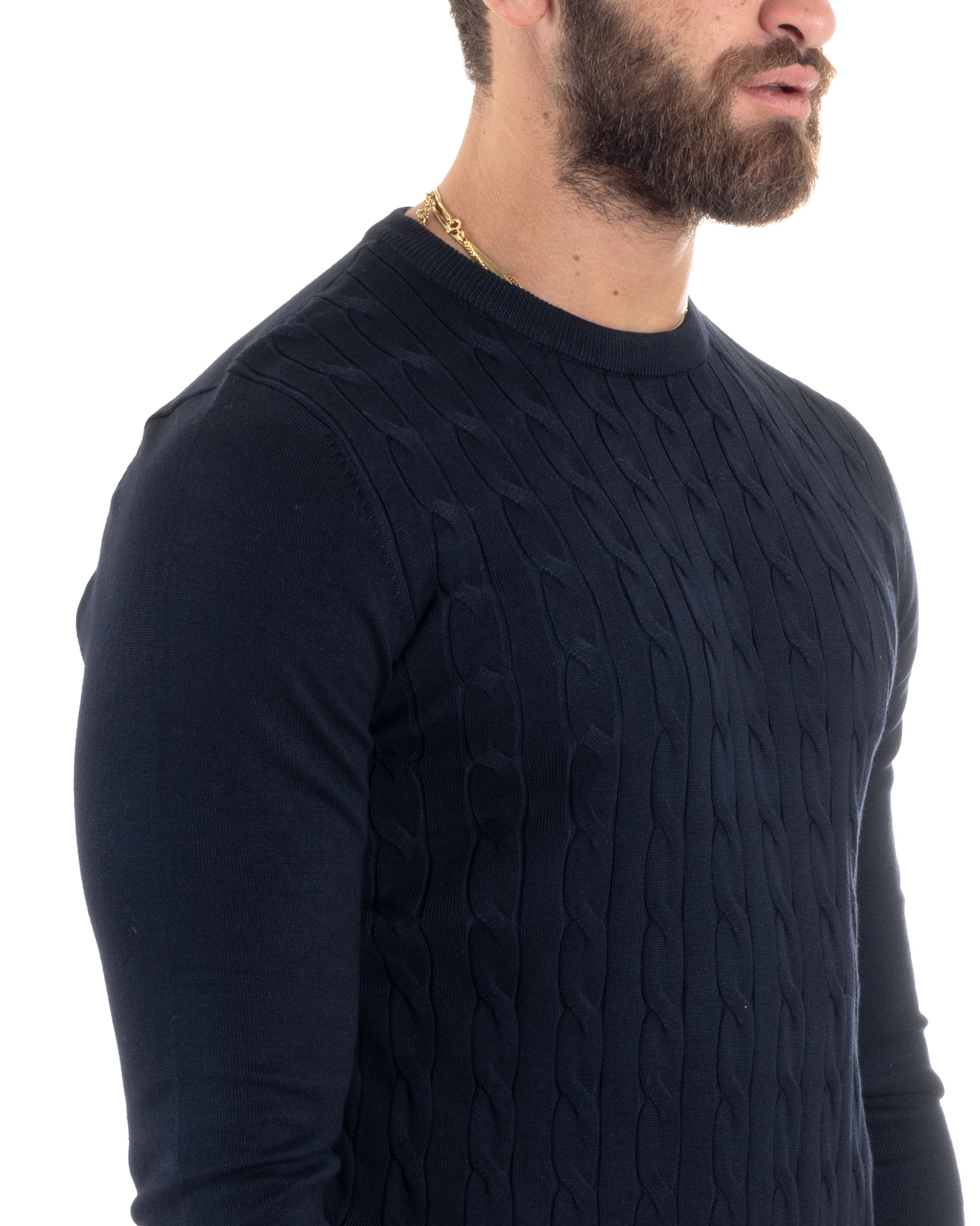 Maglione Uomo Girocollo Viscosa Treccia Maglioncino Lavorato Maglia Calda Basic Maniche Lunghe Tinta Unita Casual Blu GIOSAL-M2900A