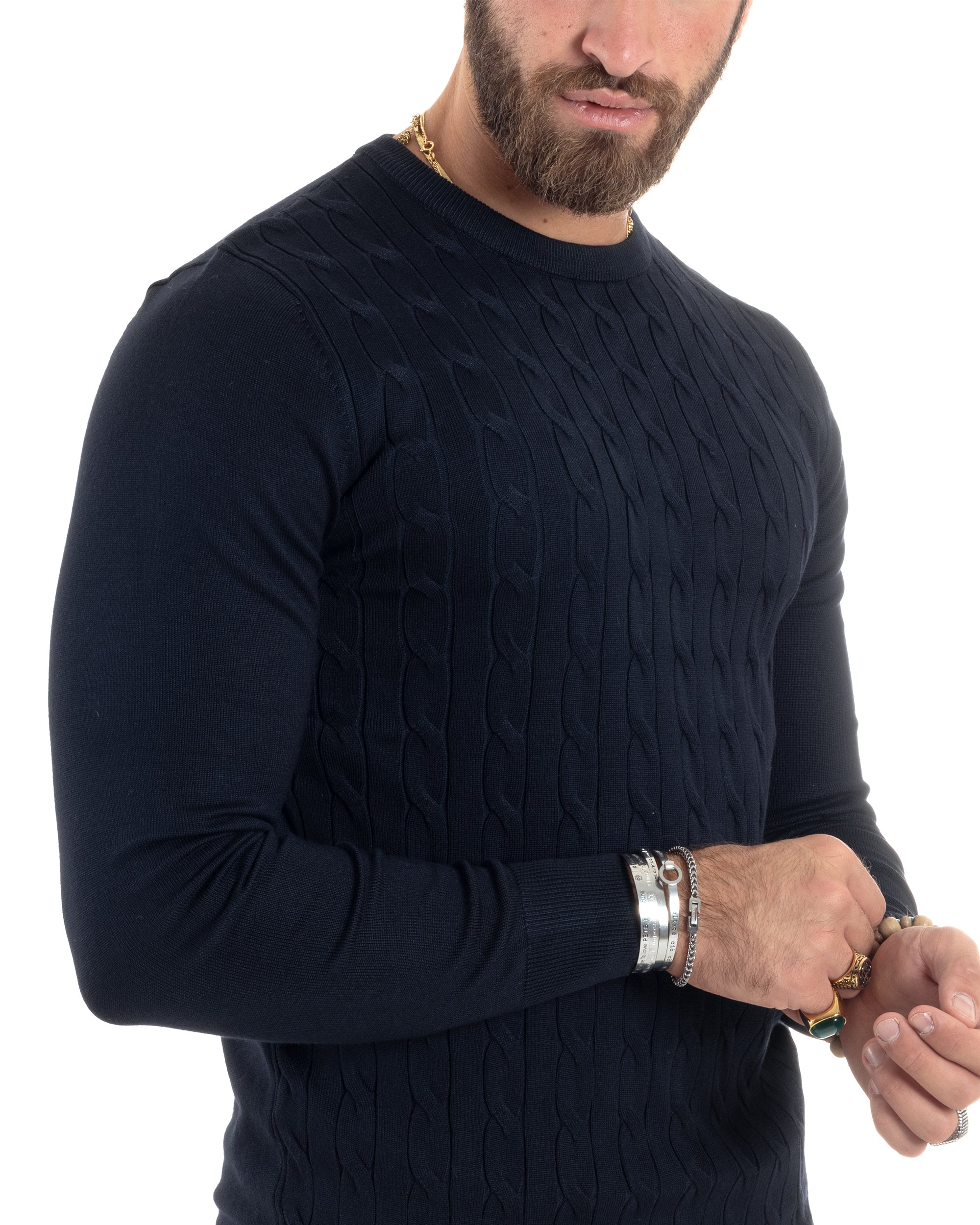 Maglione Uomo Girocollo Viscosa Treccia Maglioncino Lavorato Maglia Calda Basic Maniche Lunghe Tinta Unita Casual Blu GIOSAL-M2900A