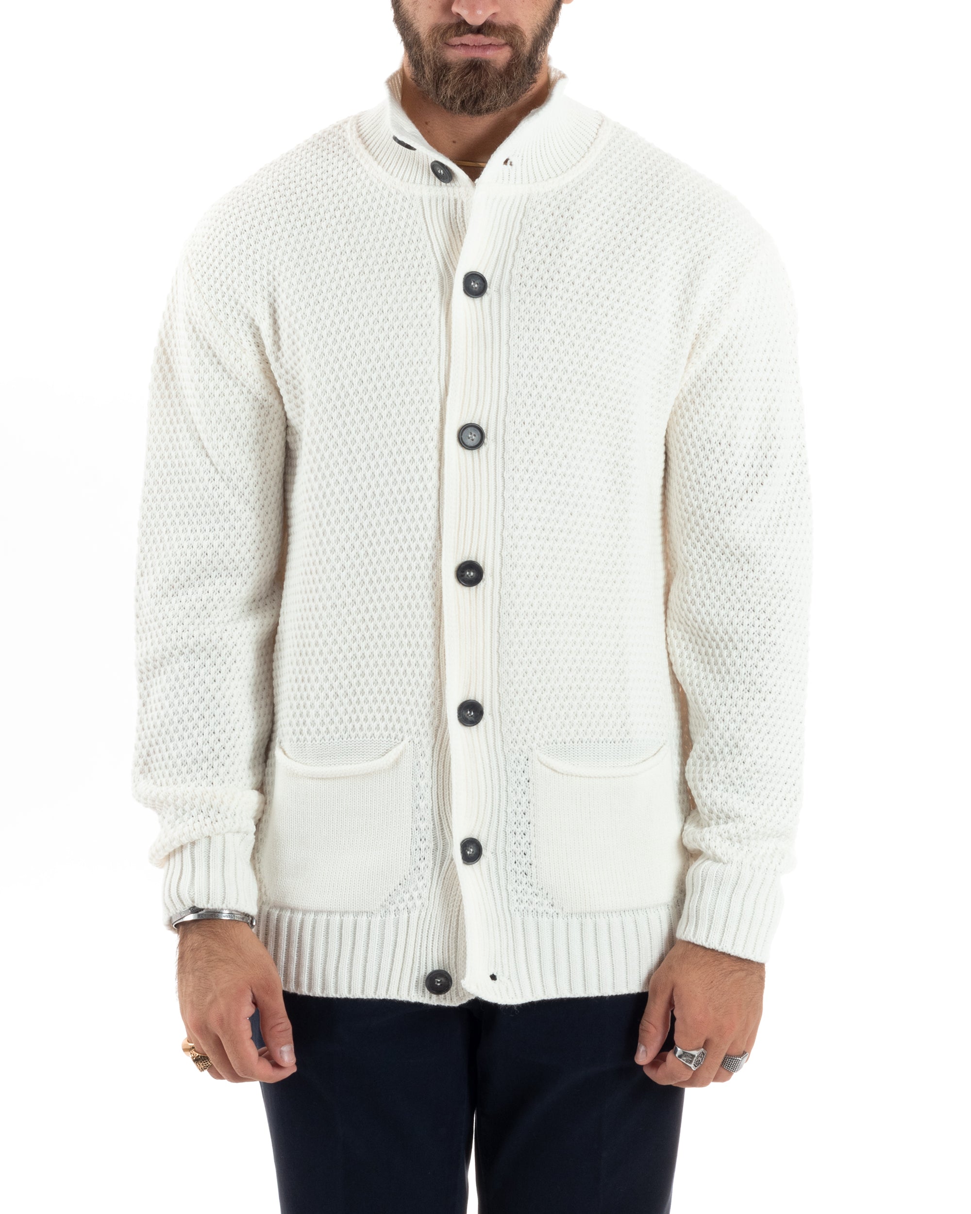 Cardigan Uomo Con Tasche a Toppa Collo E Bottoni Giacca Coreana Nido D'ape Calda Maglioncino Casual Lavorato Panna GIOSAL-M2902A