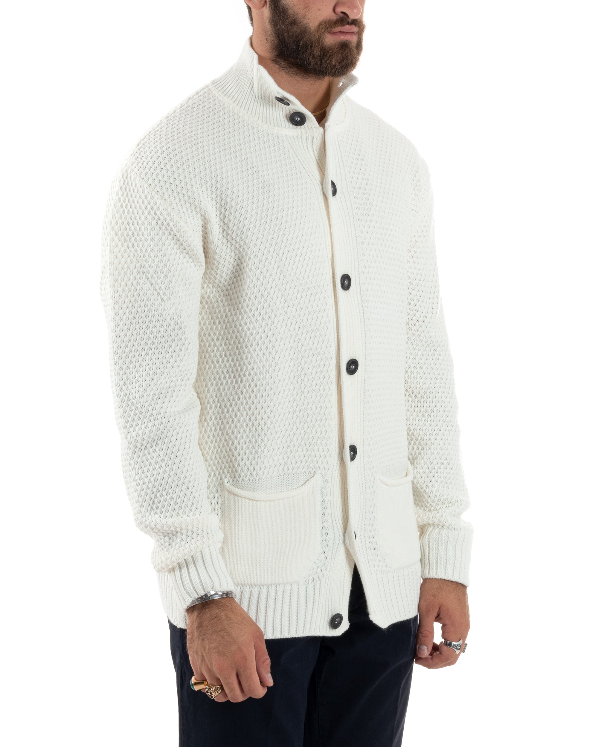 Cardigan Uomo Con Tasche a Toppa Collo E Bottoni Giacca Coreana Nido D'ape Calda Maglioncino Casual Lavorato Panna GIOSAL-M2902A