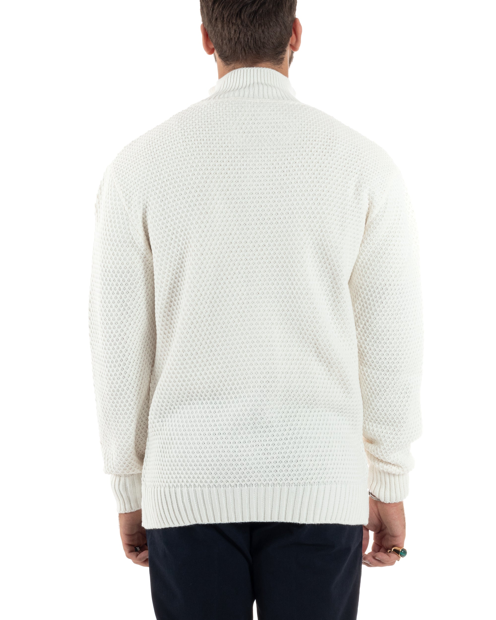 Cardigan Uomo Con Tasche a Toppa Collo E Bottoni Giacca Coreana Nido D'ape Calda Maglioncino Casual Lavorato Panna GIOSAL-M2902A