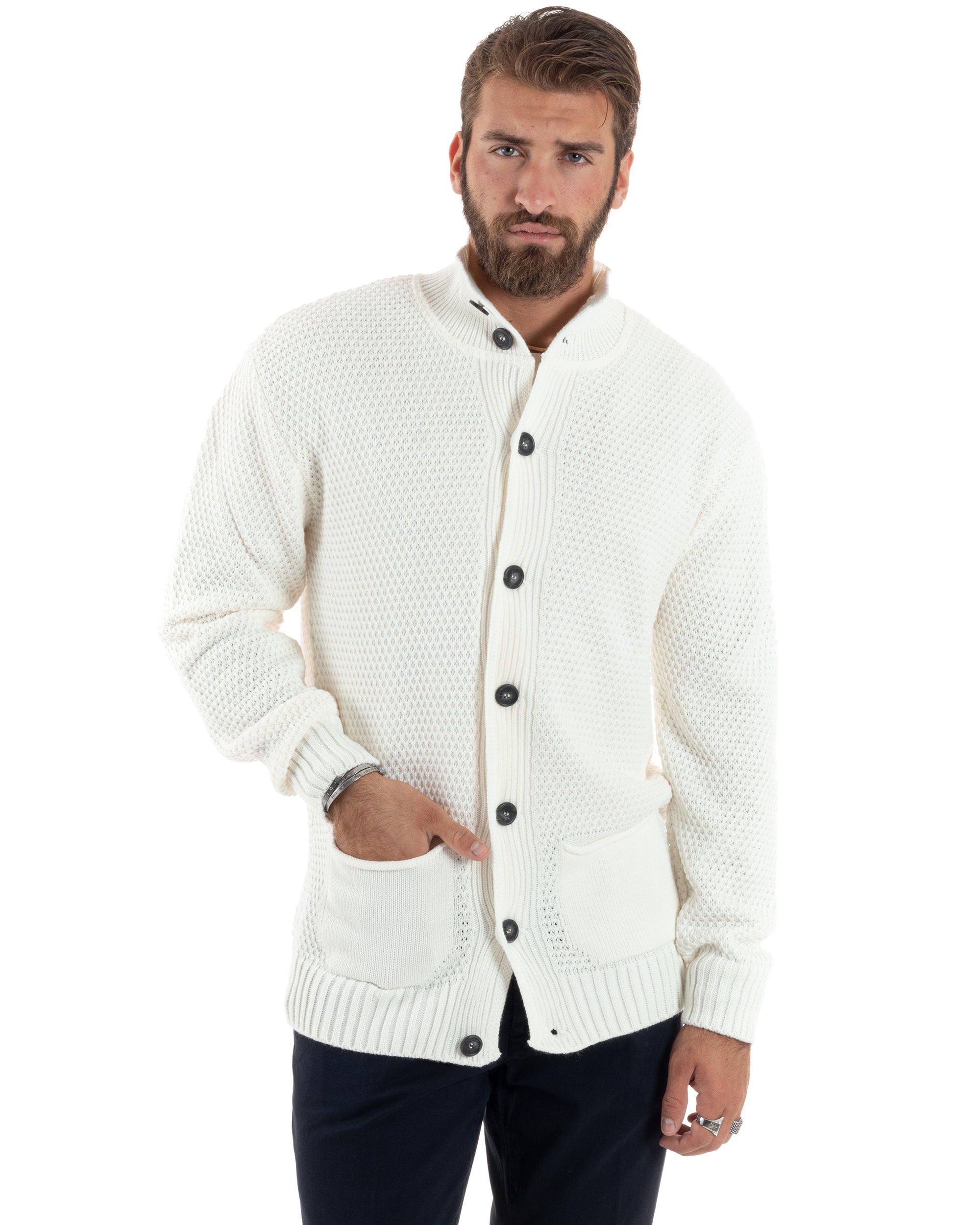 Cardigan Uomo Con Tasche a Toppa Collo E Bottoni Giacca Coreana Nido D'ape Calda Maglioncino Casual Lavorato Panna GIOSAL-M2902A