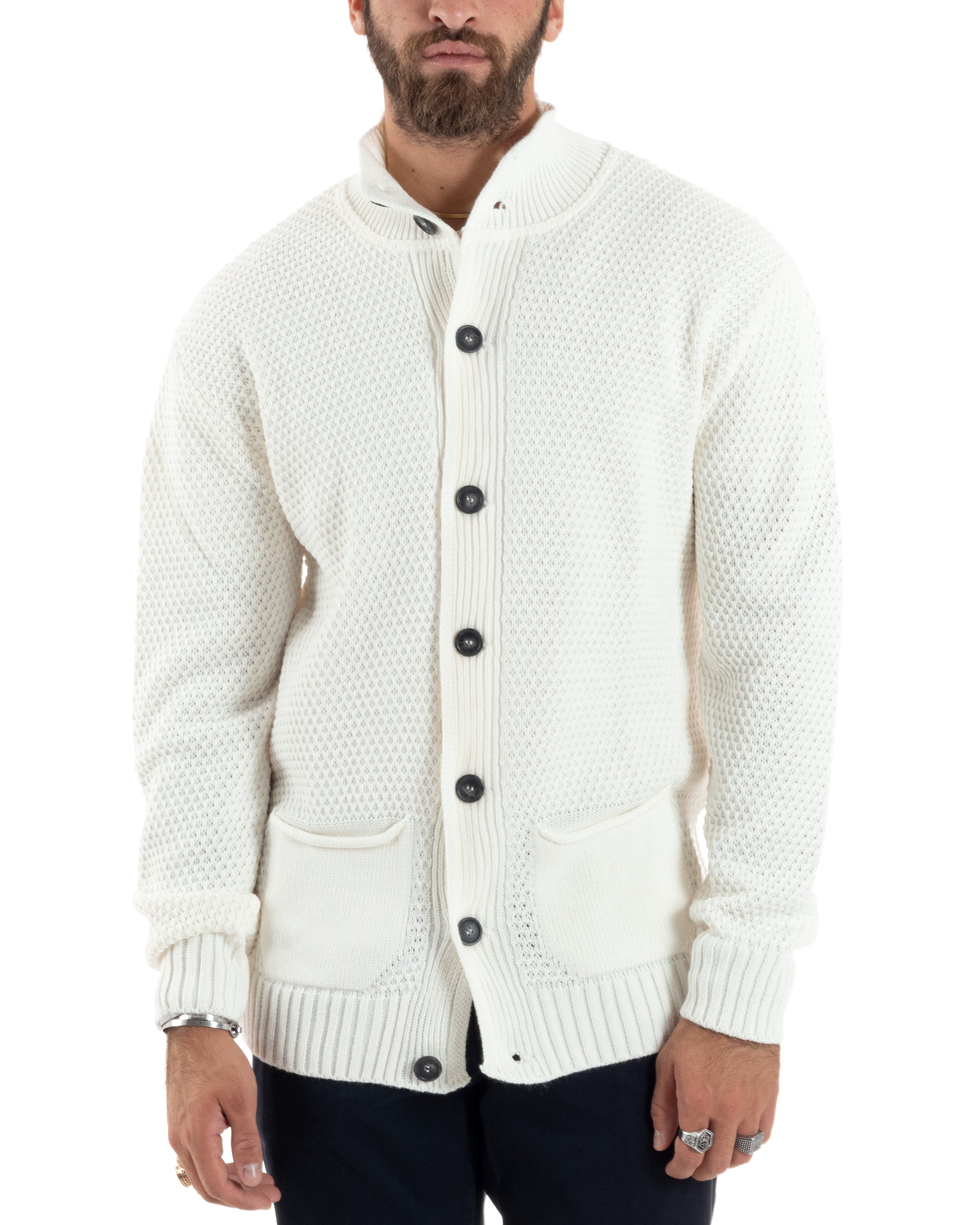 Cardigan Uomo Con Tasche a Toppa Collo E Bottoni Giacca Coreana Nido D'ape Calda Maglioncino Casual Lavorato Panna GIOSAL-M2902A