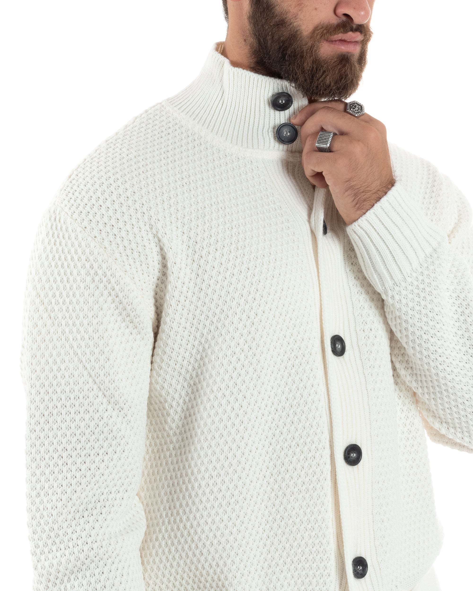 Cardigan Uomo Con Tasche a Toppa Collo E Bottoni Giacca Coreana Nido D'ape Calda Maglioncino Casual Lavorato Panna GIOSAL-M2902A