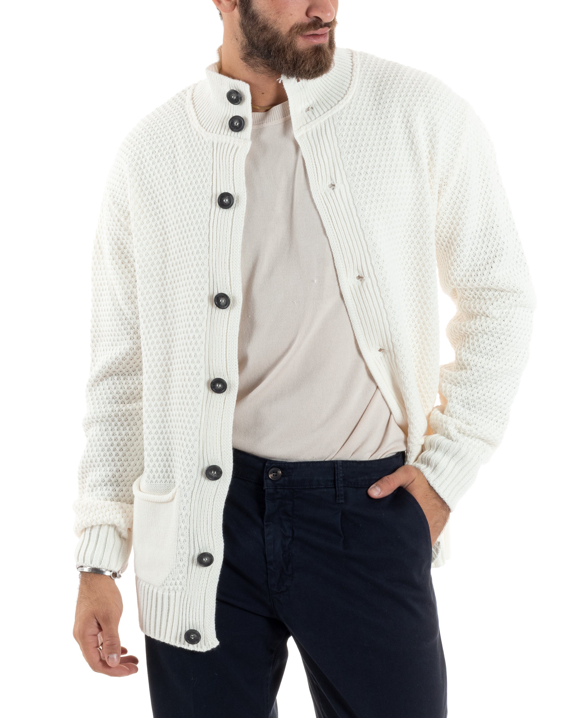 Cardigan Uomo Con Tasche a Toppa Collo E Bottoni Giacca Coreana Nido D