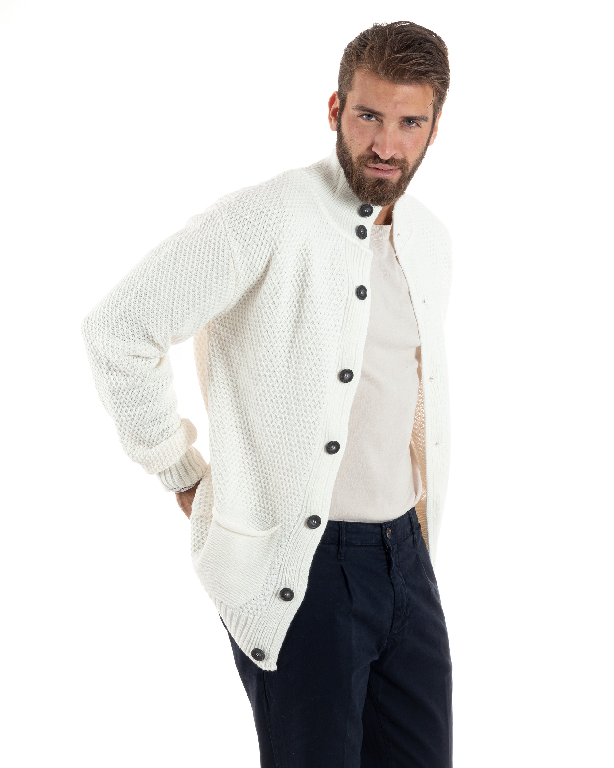 Cardigan Uomo Con Tasche a Toppa Collo E Bottoni Giacca Coreana Nido D'ape Calda Maglioncino Casual Lavorato Panna GIOSAL-M2902A
