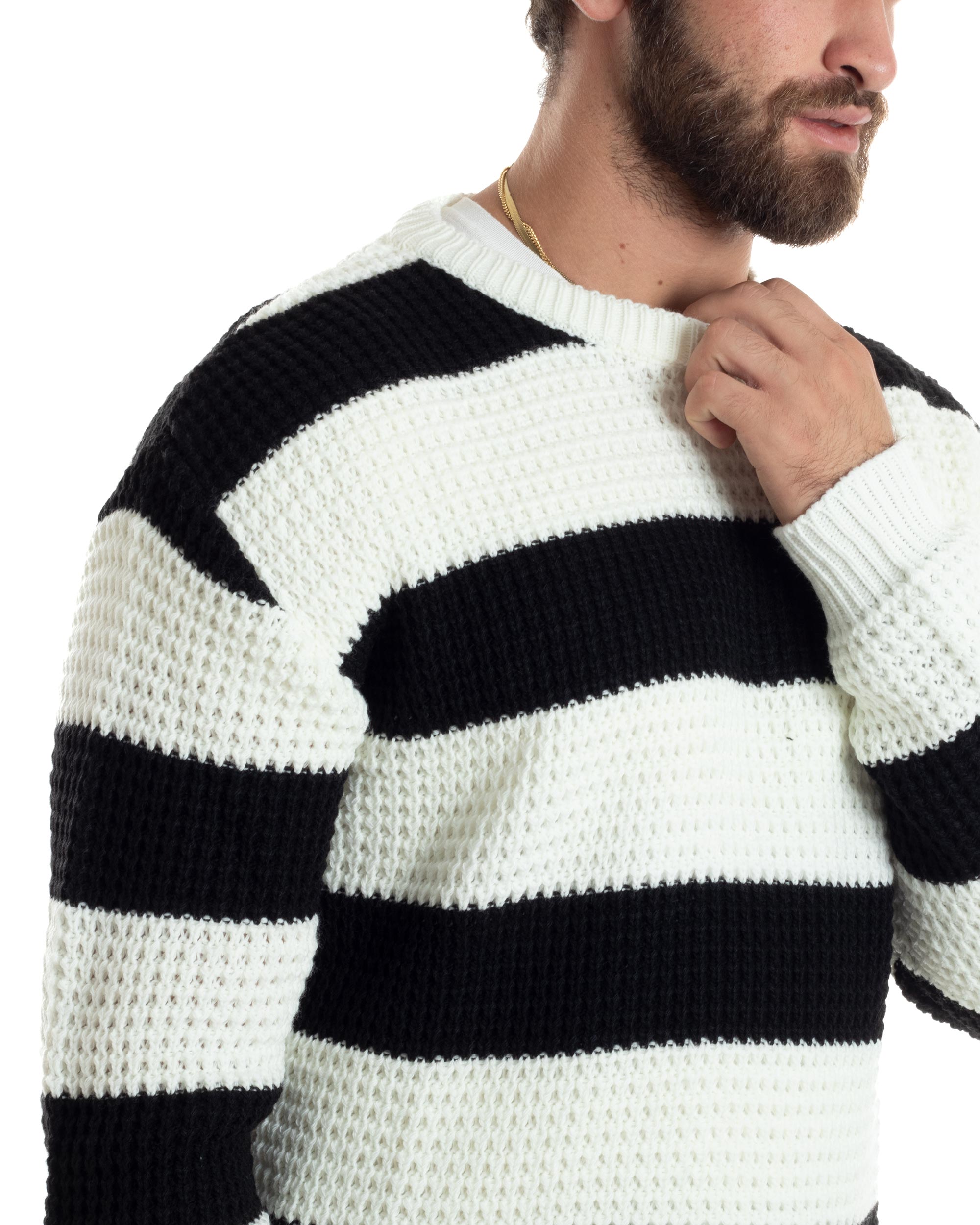 Maglione Uomo Girocollo Rigato Maglia Inglese Comoda Pullover Caldo Casual Bicolore Nero GIOSAL-M2922A