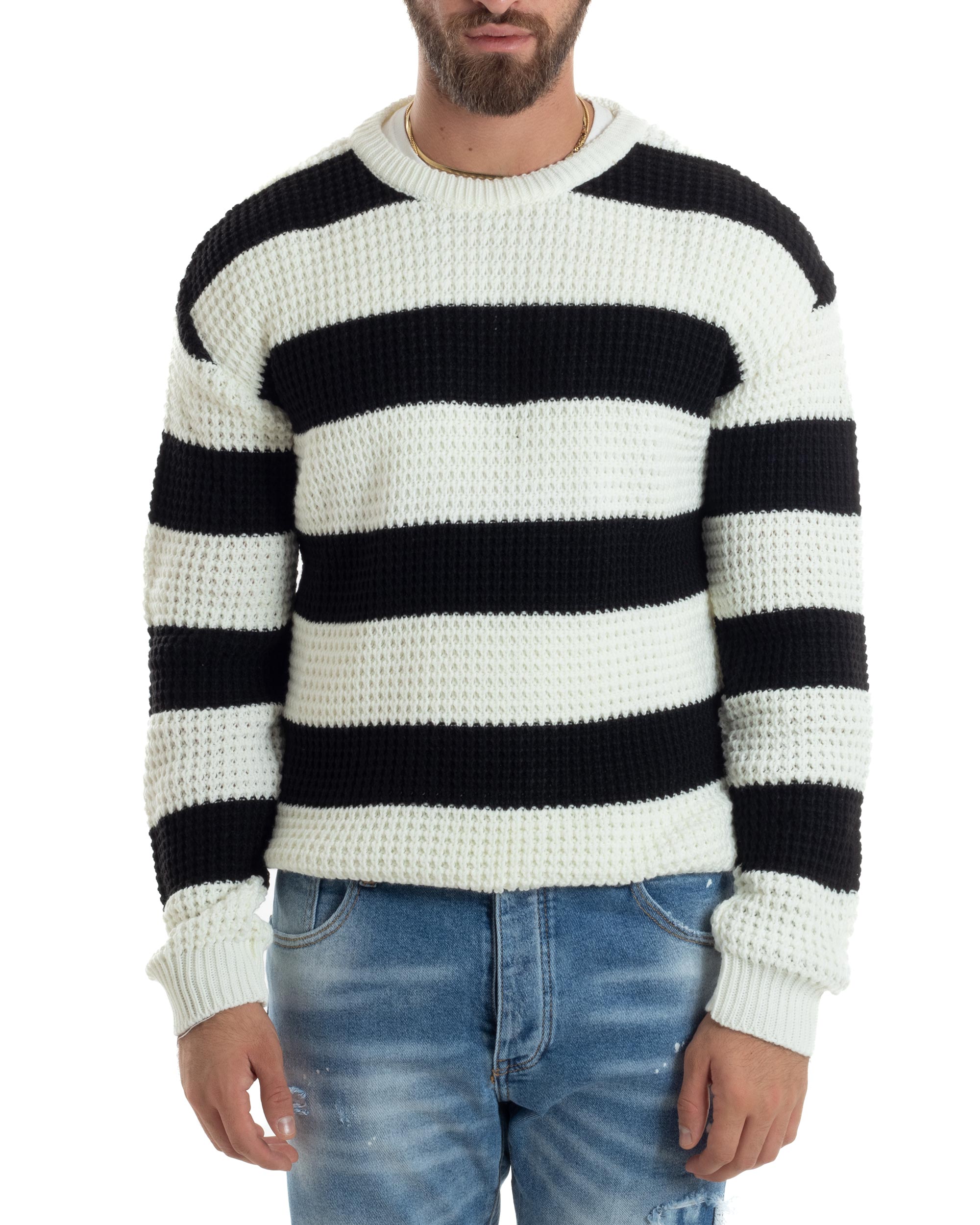 Maglione Uomo Girocollo Rigato Maglia Inglese Comoda Pullover Caldo Casual Bicolore Nero GIOSAL-M2922A