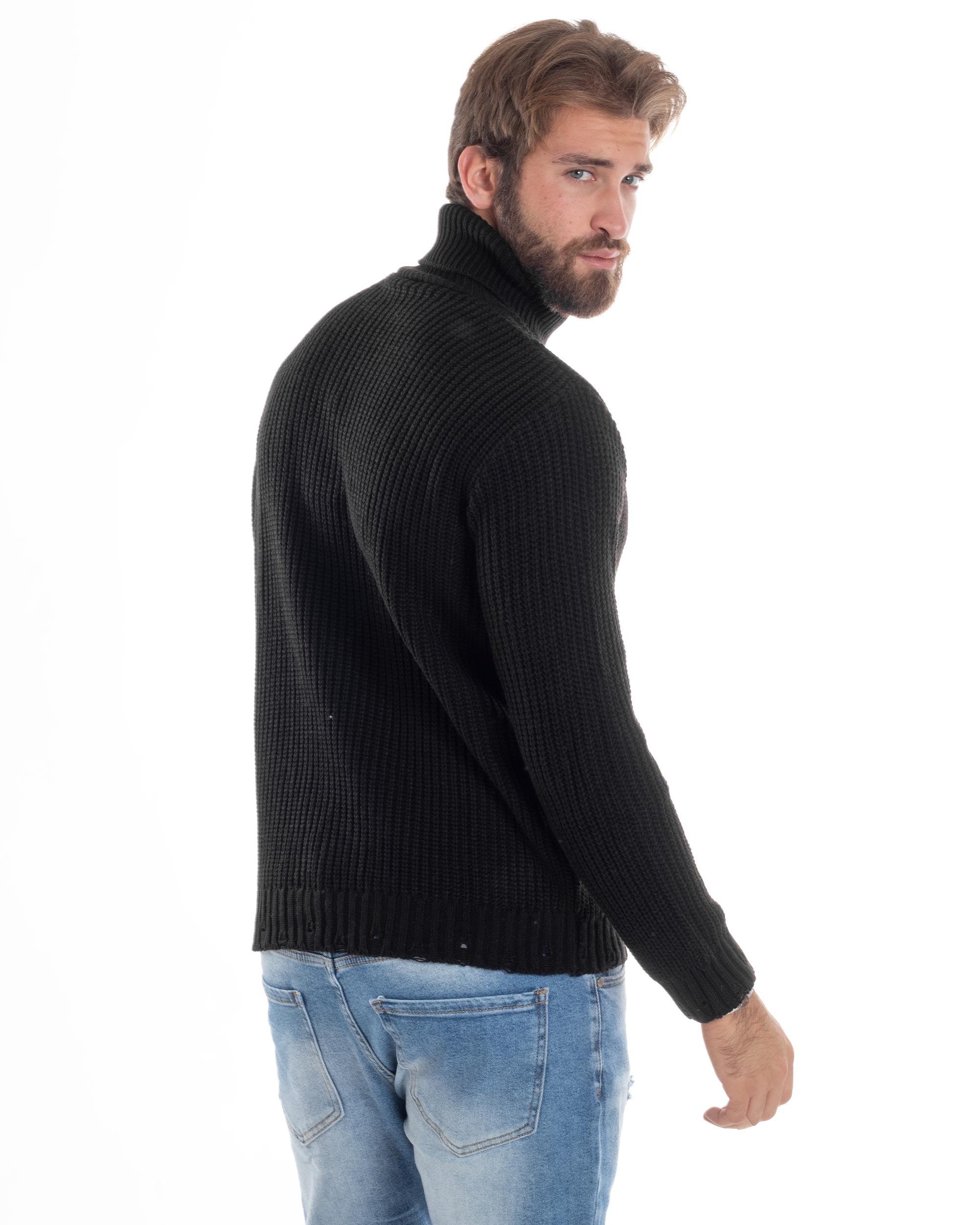 Maglione Uomo Collo Alto Con Rotture Lana Maglia Inglese Maglioncino Caldo Pullover Casual Comodo Nero GIOSAL-M2929A