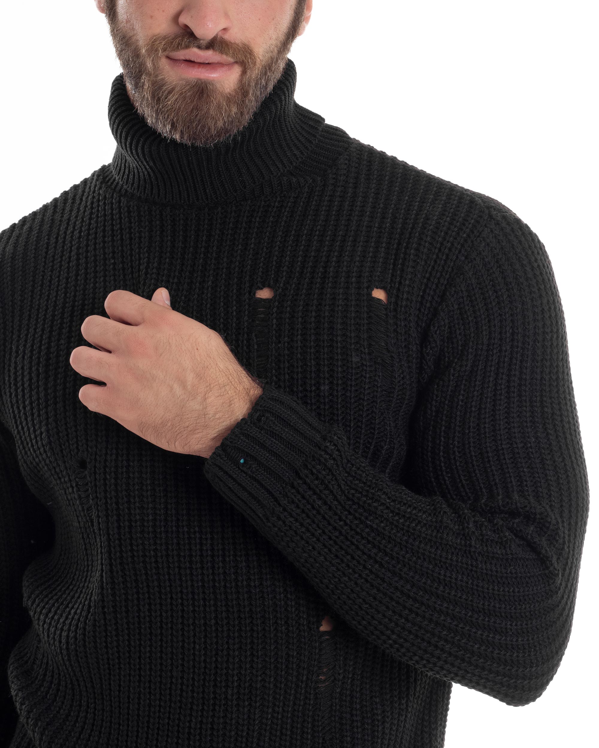 Maglione Uomo Collo Alto Con Rotture Lana Maglia Inglese Maglioncino Caldo Pullover Casual Comodo Nero GIOSAL-M2929A