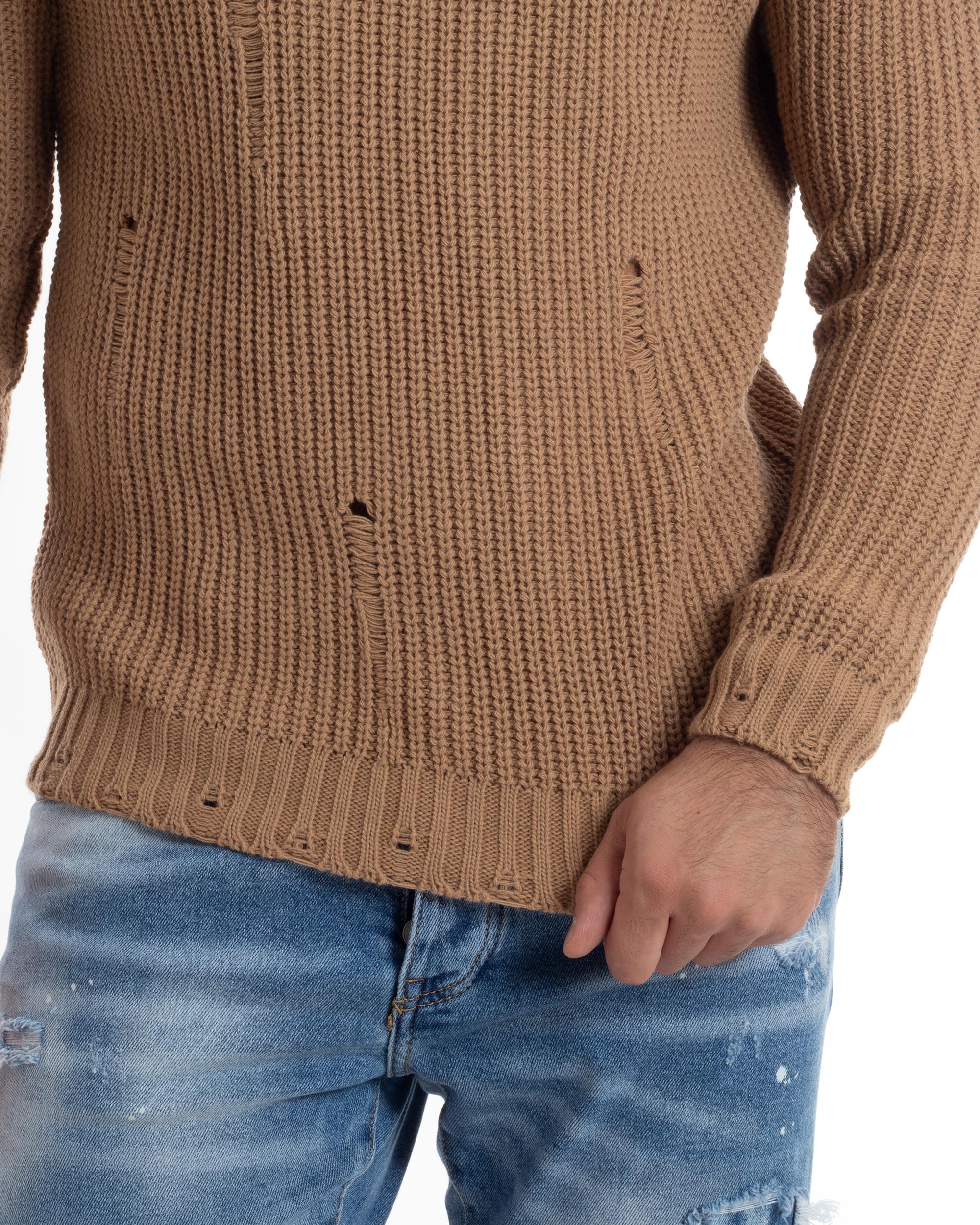 Maglione Uomo Collo Alto Con Rotture Lana Maglia Inglese Maglioncino Caldo Pullover Casual Comodo Camel GIOSAL-M2930A