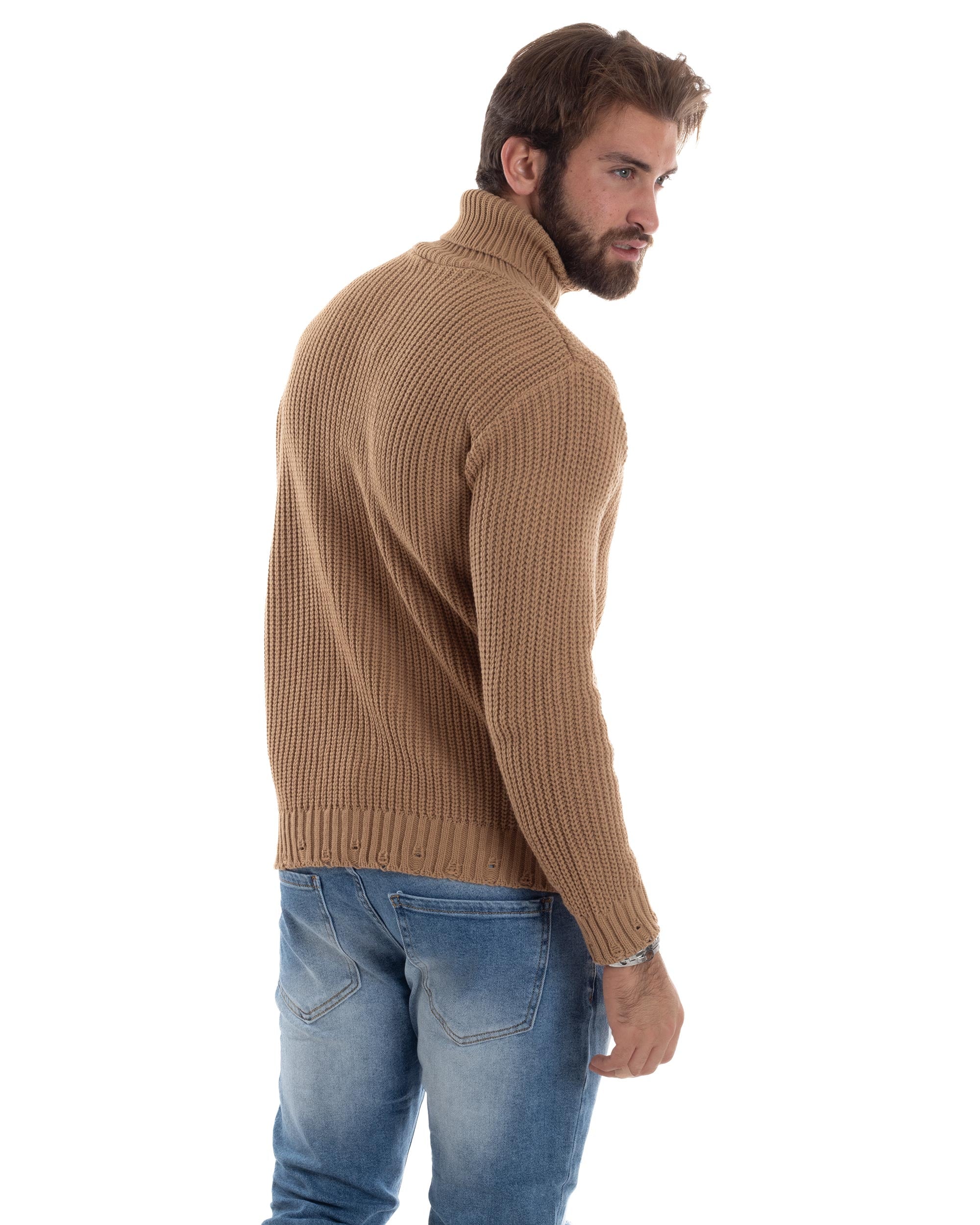 Maglione Uomo Collo Alto Con Rotture Lana Maglia Inglese Maglioncino Caldo Pullover Casual Comodo Camel GIOSAL-M2930A