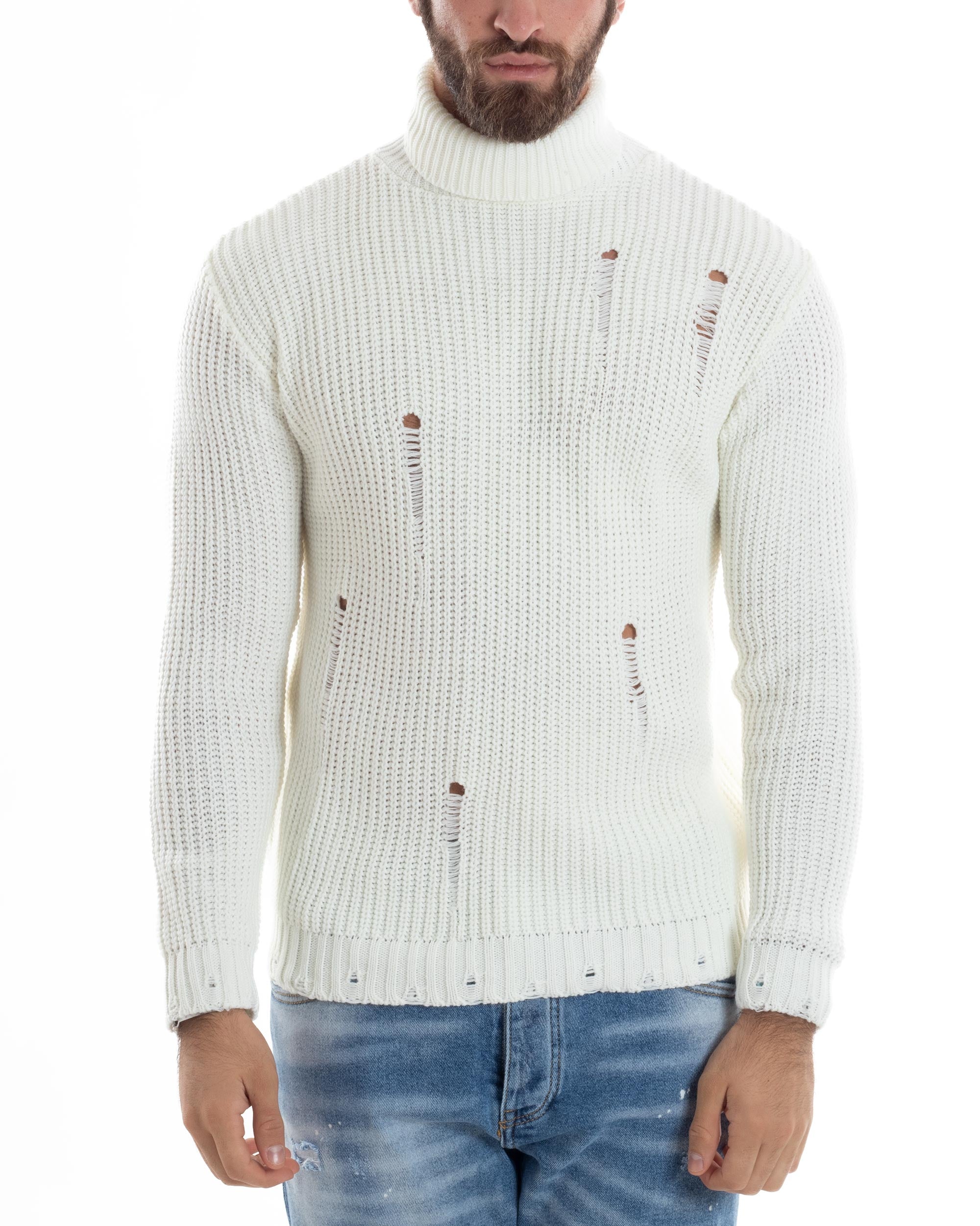 Maglione Uomo Collo Alto Con Rotture Lana Maglia Inglese Maglioncino Caldo Pullover Casual Comodo Bianco GIOSAL-M2931A
