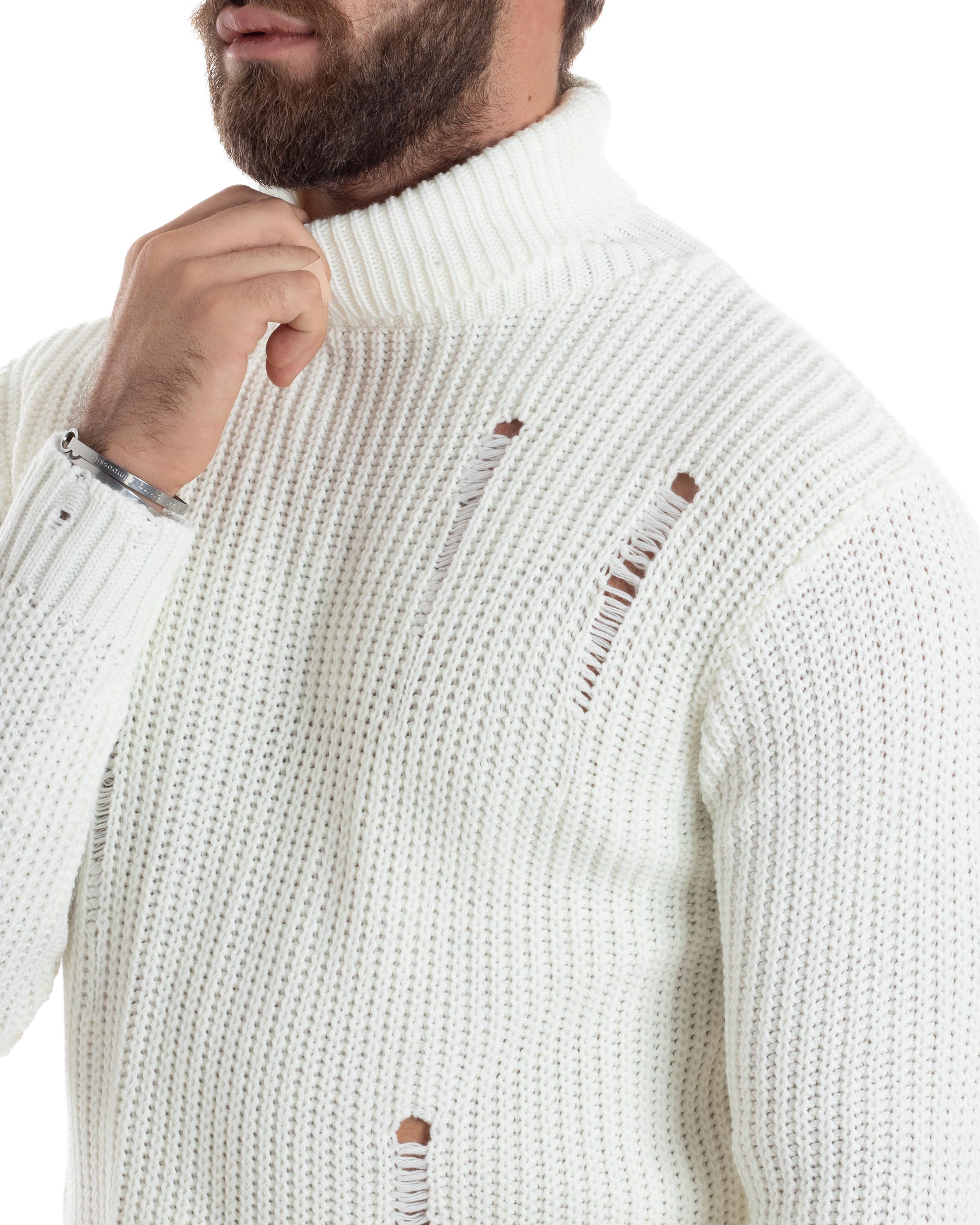 Maglione Uomo Collo Alto Con Rotture Lana Maglia Inglese Maglioncino Caldo Pullover Casual Comodo Bianco GIOSAL-M2931A