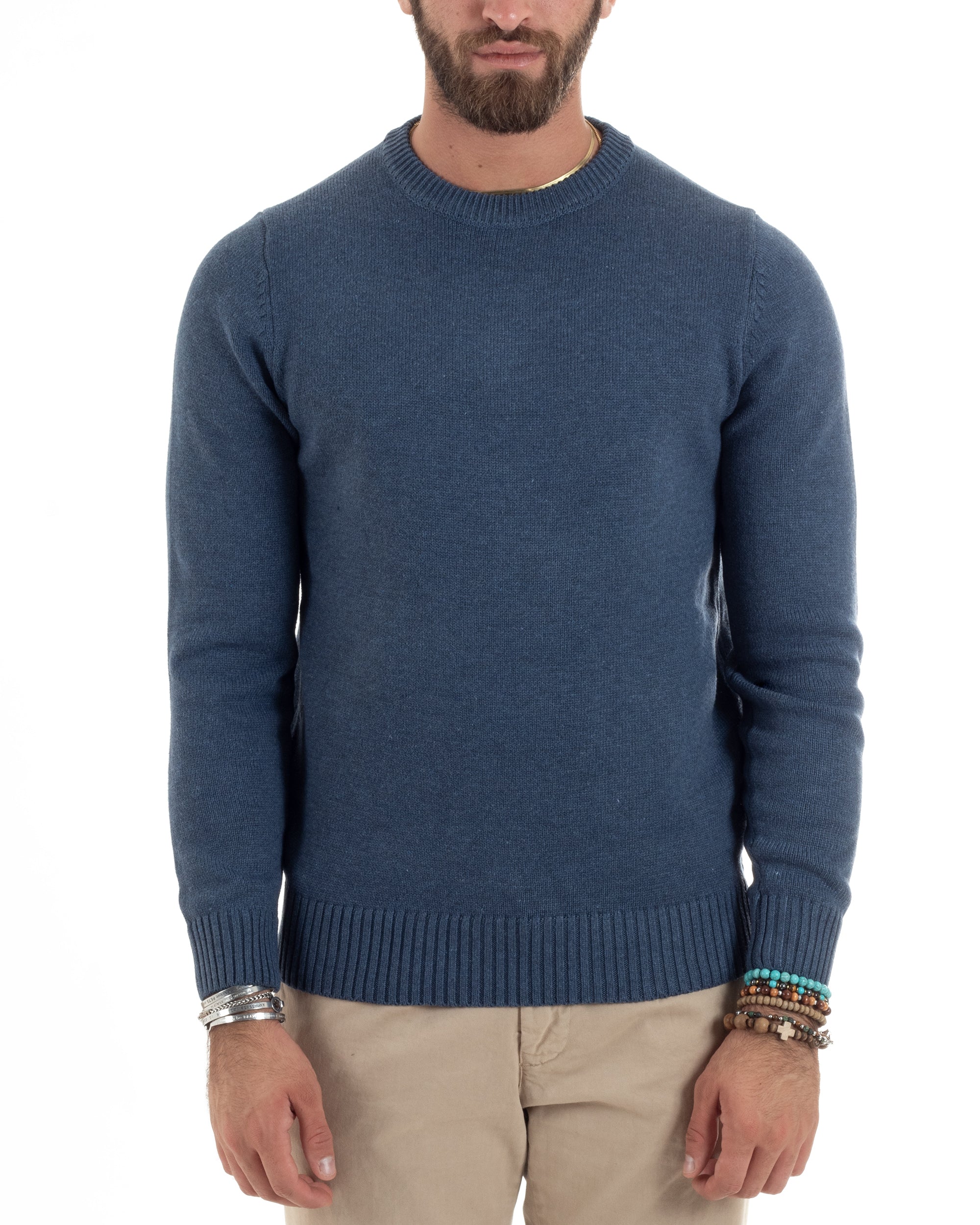 Maglioncino Uomo Girocollo Maglia Inglese Maglione Morbido Basic Tinta Unita Denim GIOSAL-M2934A