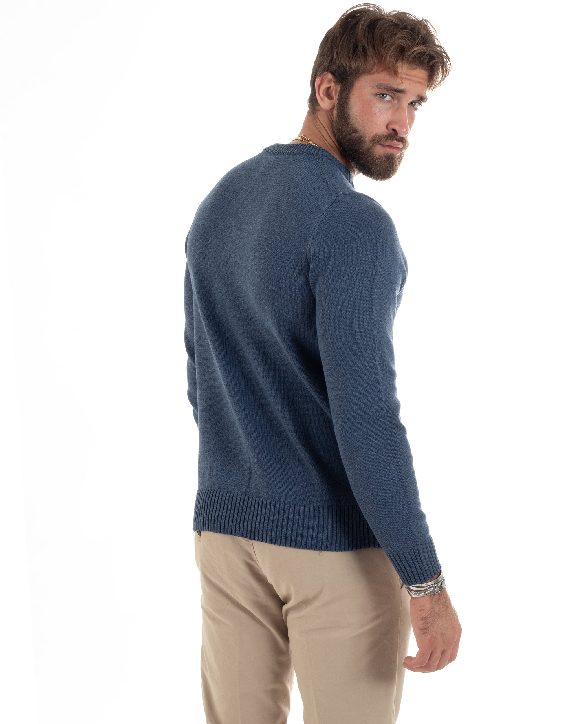 Maglioncino Uomo Girocollo Maglia Inglese Maglione Morbido Basic Tinta Unita Denim GIOSAL-M2934A