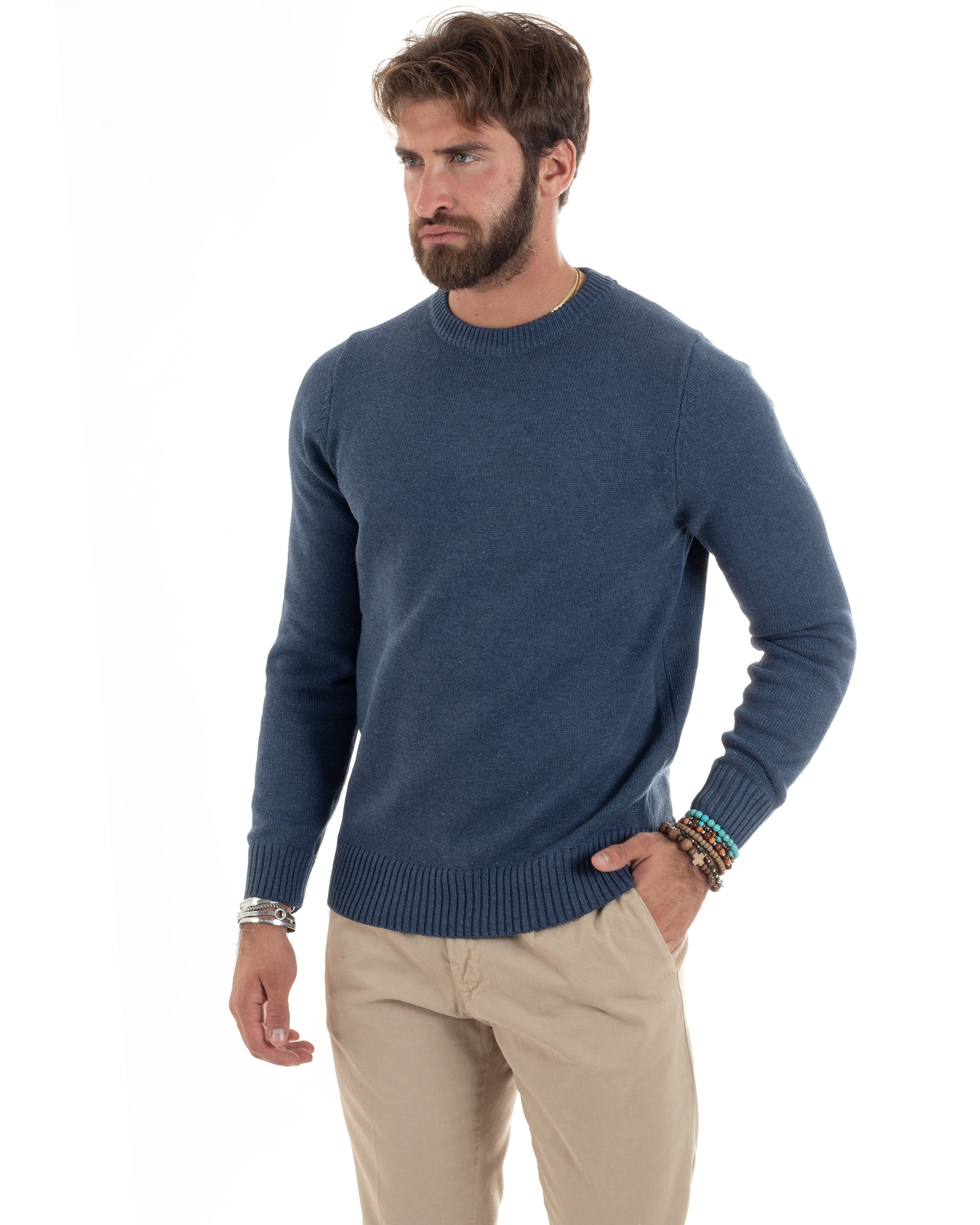 Maglioncino Uomo Girocollo Maglia Inglese Maglione Morbido Basic Tinta Unita Denim GIOSAL-M2934A