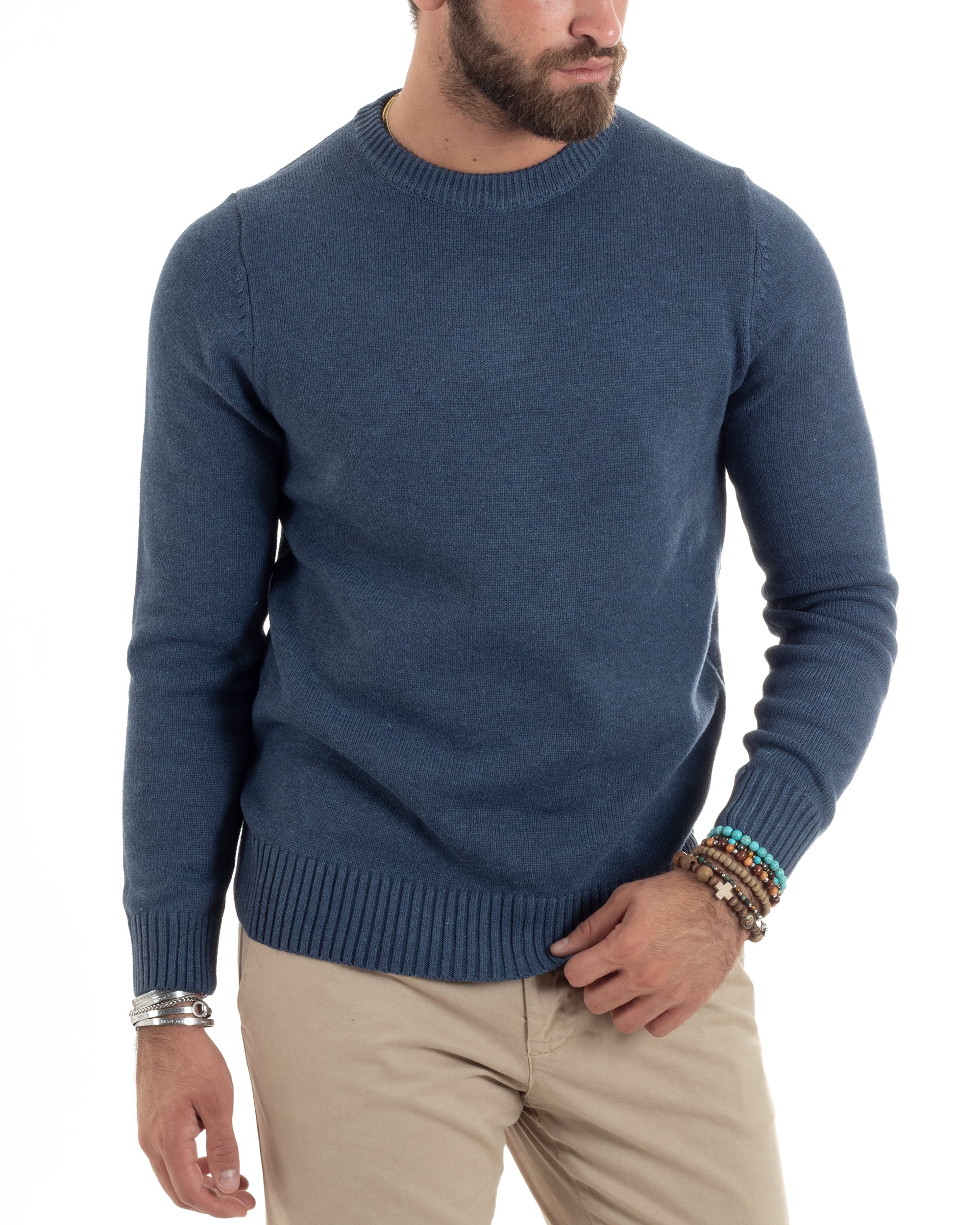 Maglioncino Uomo Girocollo Maglia Inglese Maglione Morbido Basic Tinta Unita Denim GIOSAL-M2934A