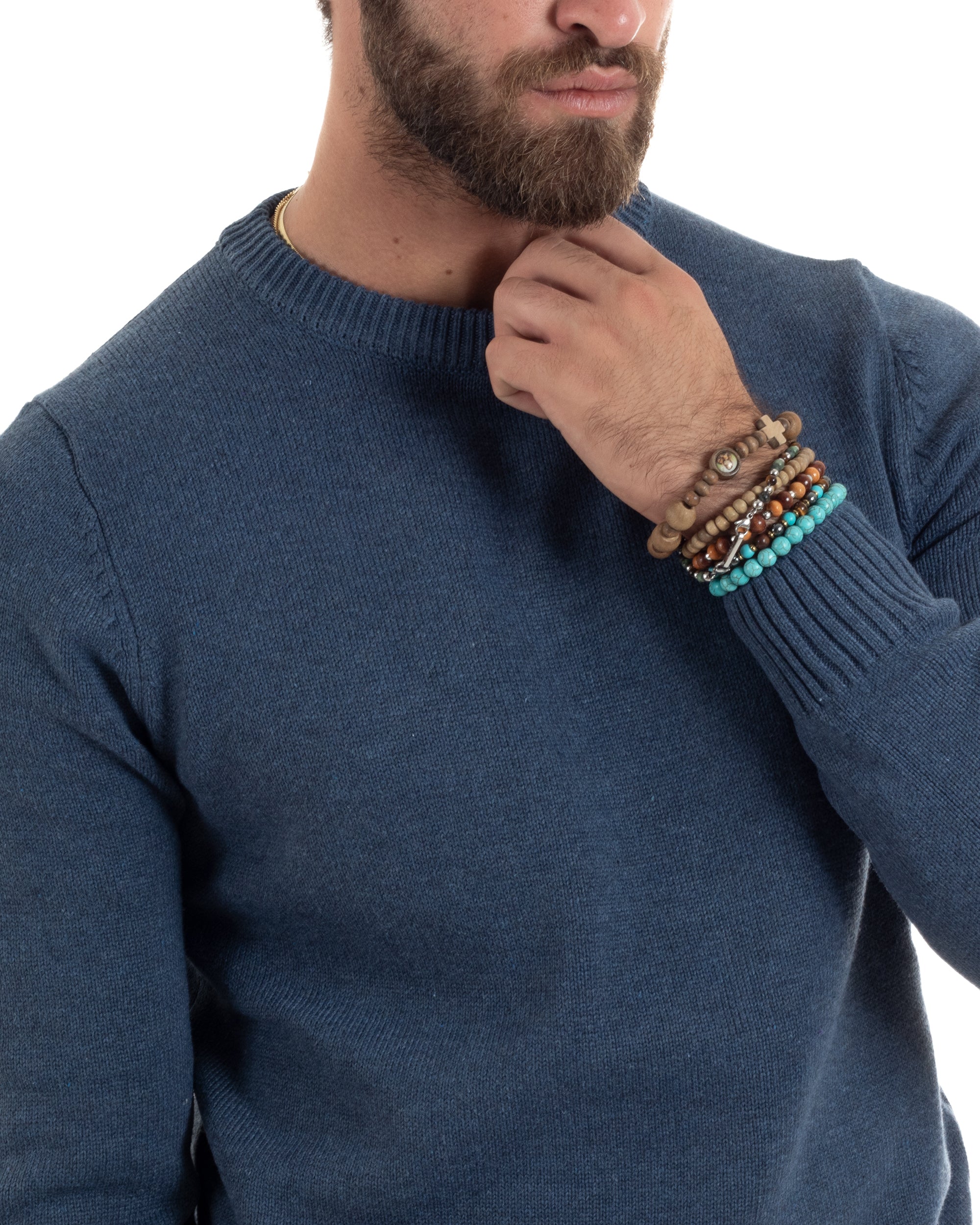 Maglioncino Uomo Girocollo Maglia Inglese Maglione Morbido Basic Tinta Unita Denim GIOSAL-M2934A