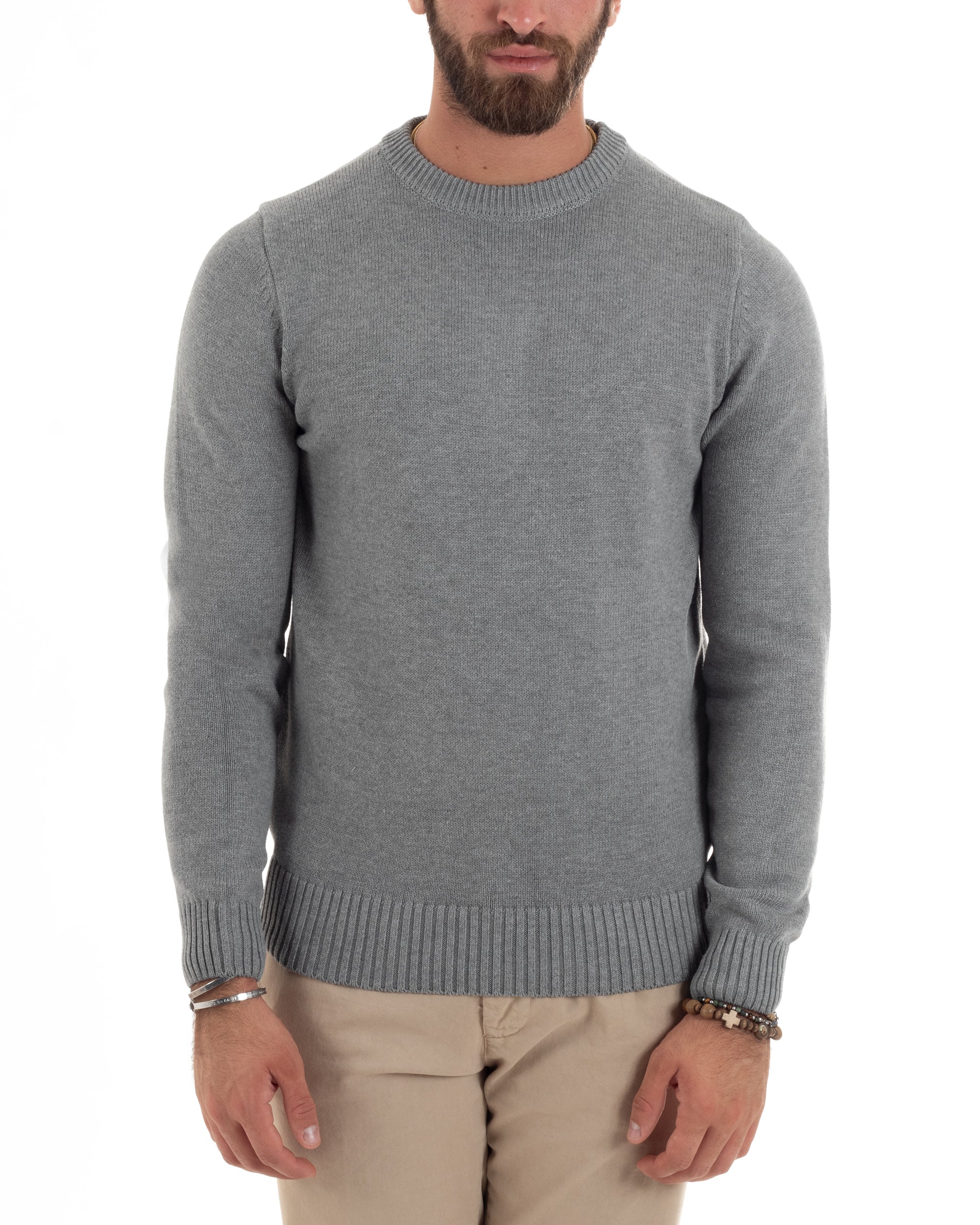 Maglioncino Uomo Girocollo Maglia Inglese Maglione Morbido Basic Tinta Unita Grigio GIOSAL-M2935A