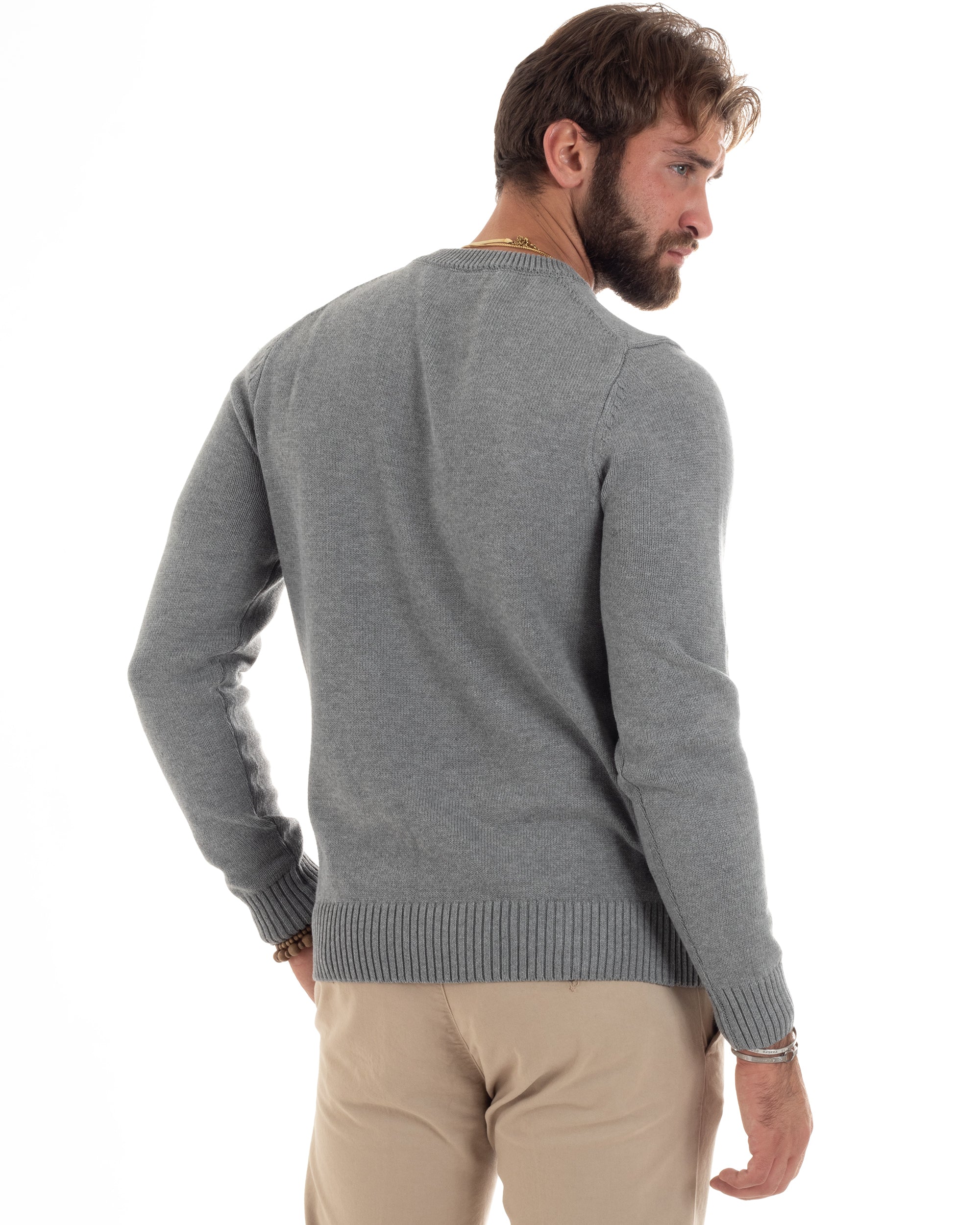 Maglioncino Uomo Girocollo Maglia Inglese Maglione Morbido Basic Tinta Unita Grigio GIOSAL-M2935A