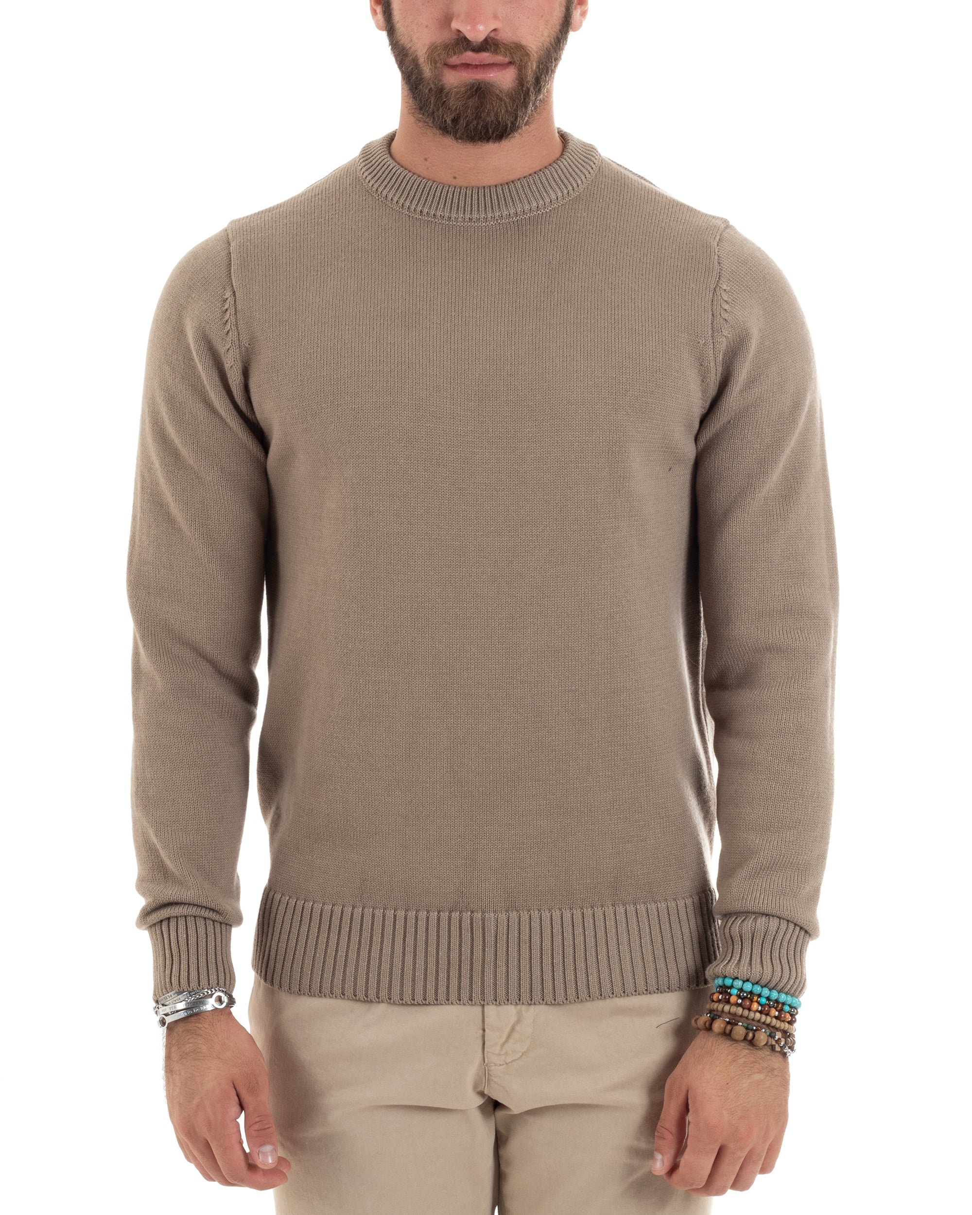 Maglioncino Uomo Girocollo Maglia Inglese Maglione Morbido Basic Tinta Unita Beige GIOSAL-M2937A