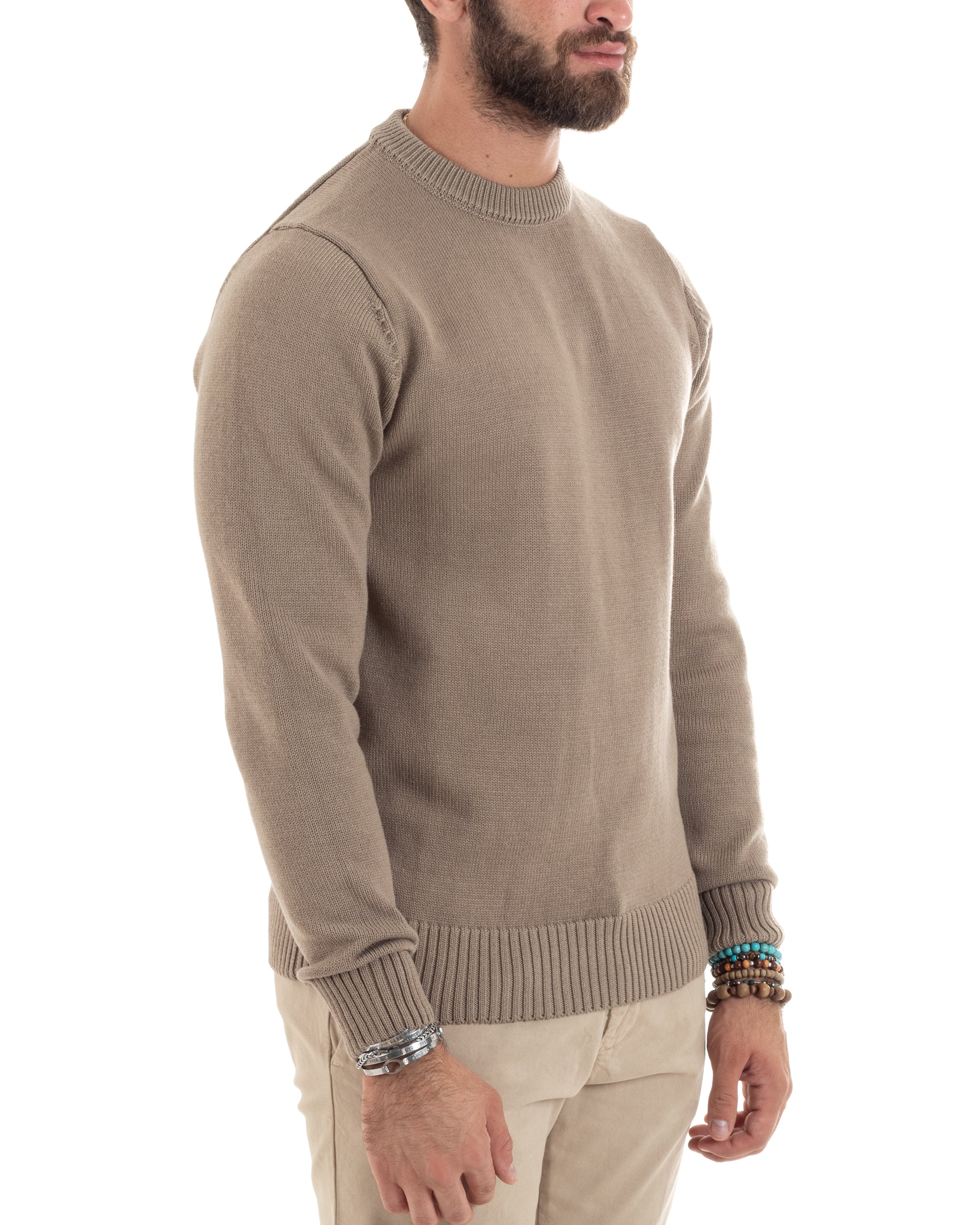 Maglioncino Uomo Girocollo Maglia Inglese Maglione Morbido Basic Tinta Unita Beige GIOSAL-M2937A