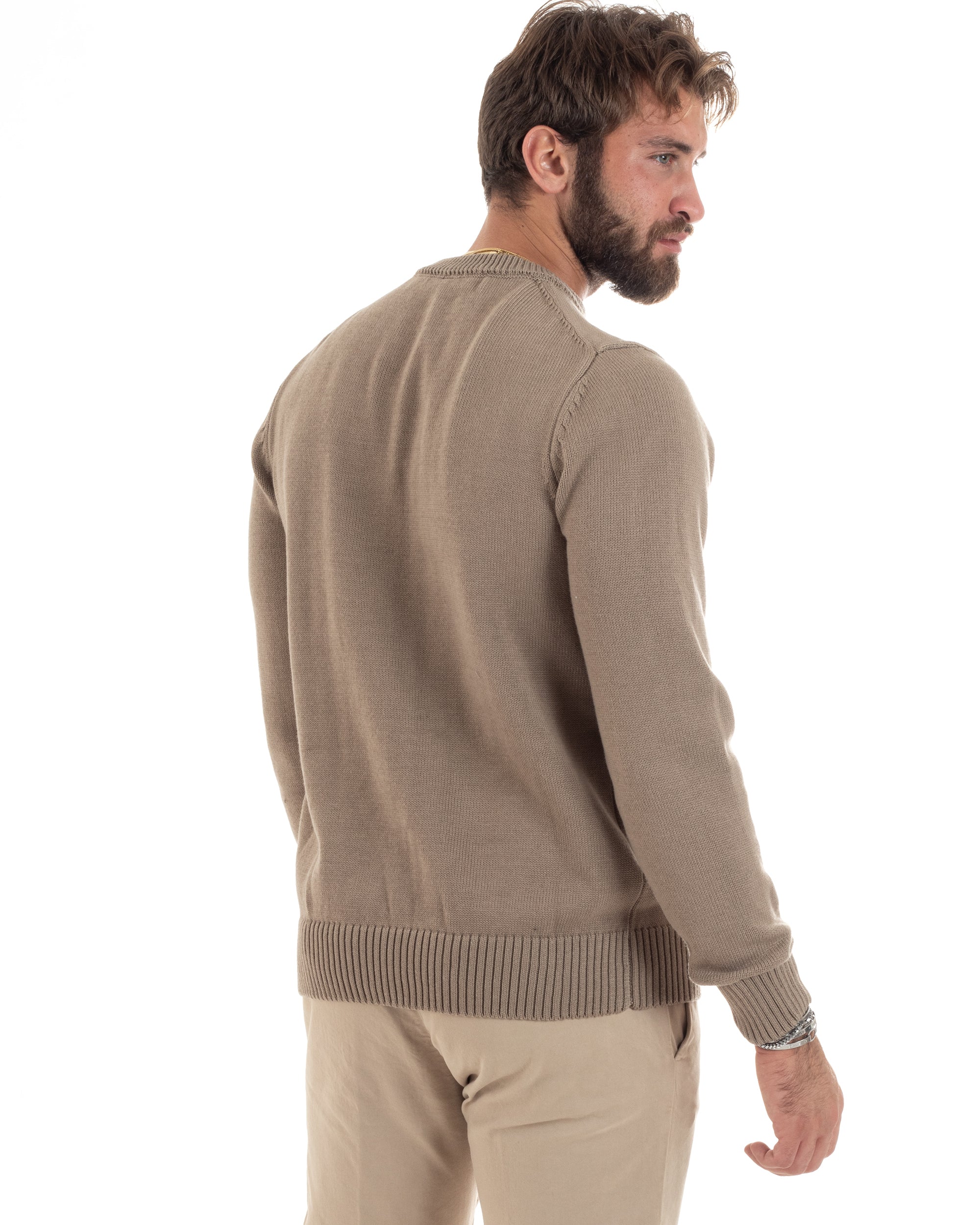 Maglioncino Uomo Girocollo Maglia Inglese Maglione Morbido Basic Tinta Unita Beige GIOSAL-M2937A