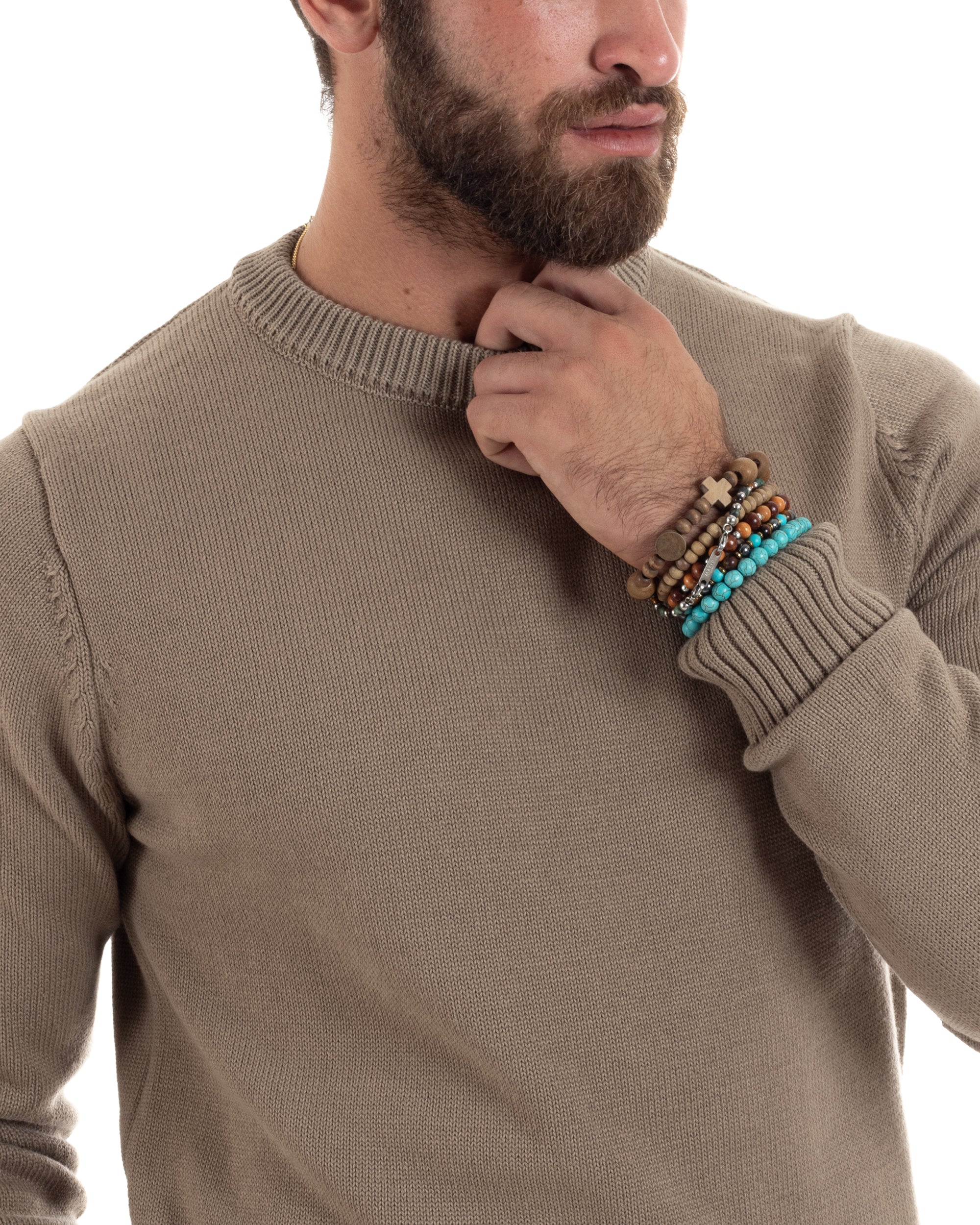 Maglioncino Uomo Girocollo Maglia Inglese Maglione Morbido Basic Tinta Unita Beige GIOSAL-M2937A