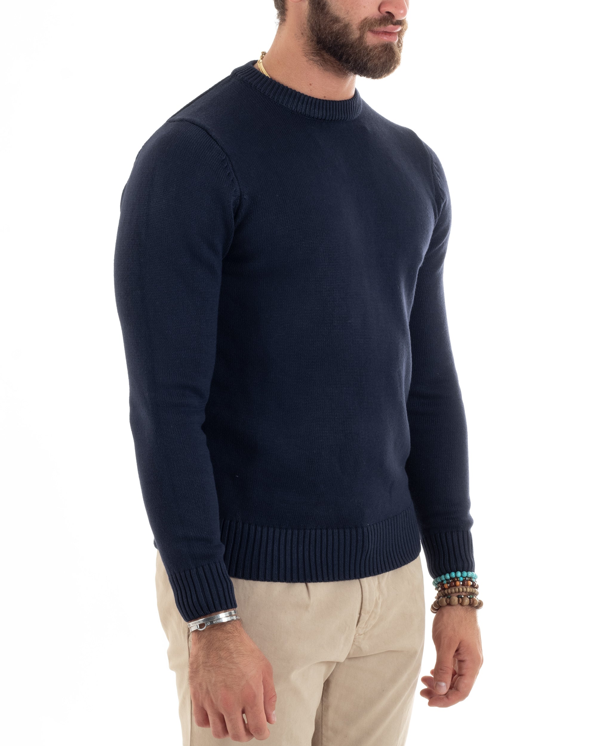 Maglioncino Uomo Girocollo Maglia Inglese Maglione Morbido Basic Tinta Unita Blu GIOSAL-M2938A