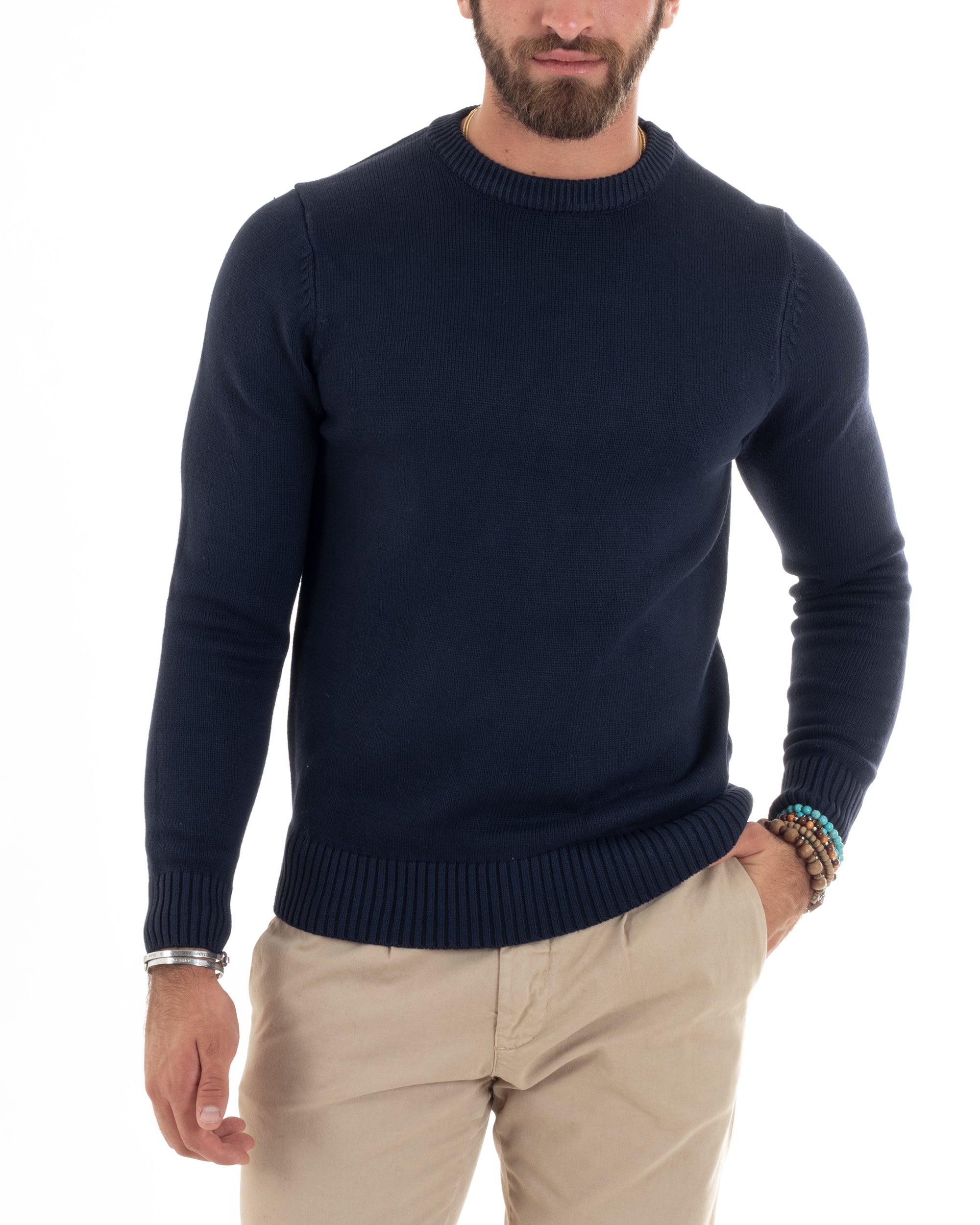 Maglioncino Uomo Girocollo Maglia Inglese Maglione Morbido Basic Tinta Unita Blu GIOSAL-M2938A