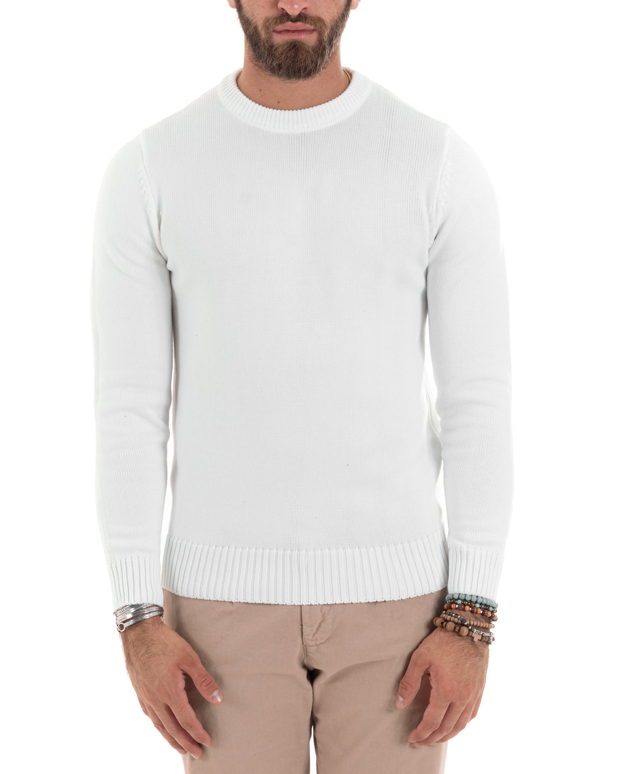 Maglioncino Uomo Girocollo Maglia Inglese Maglione Morbido Basic Tinta Unita Bianco GIOSAL-M2940A
