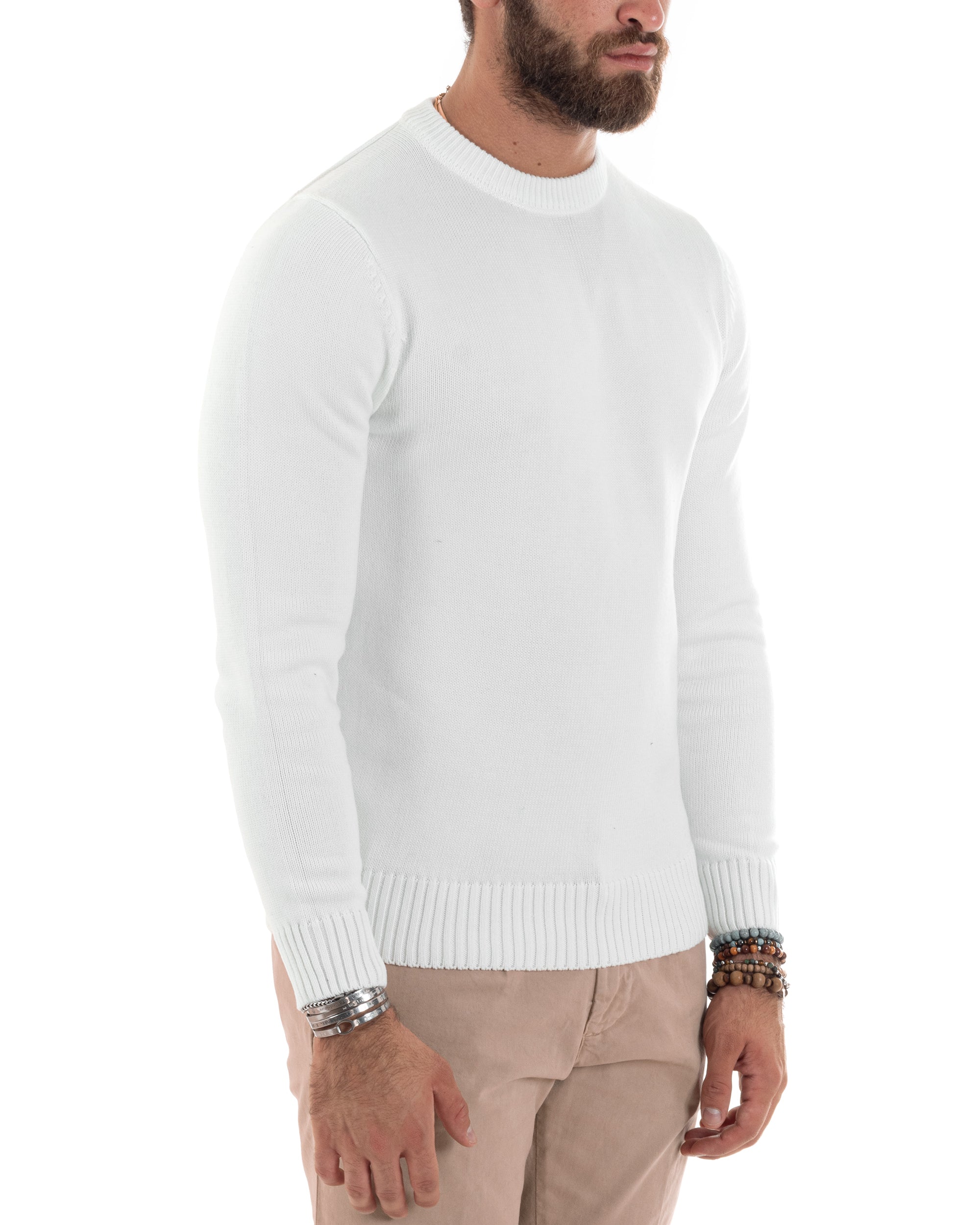 Maglioncino Uomo Girocollo Maglia Inglese Maglione Morbido Basic Tinta Unita Bianco GIOSAL-M2940A
