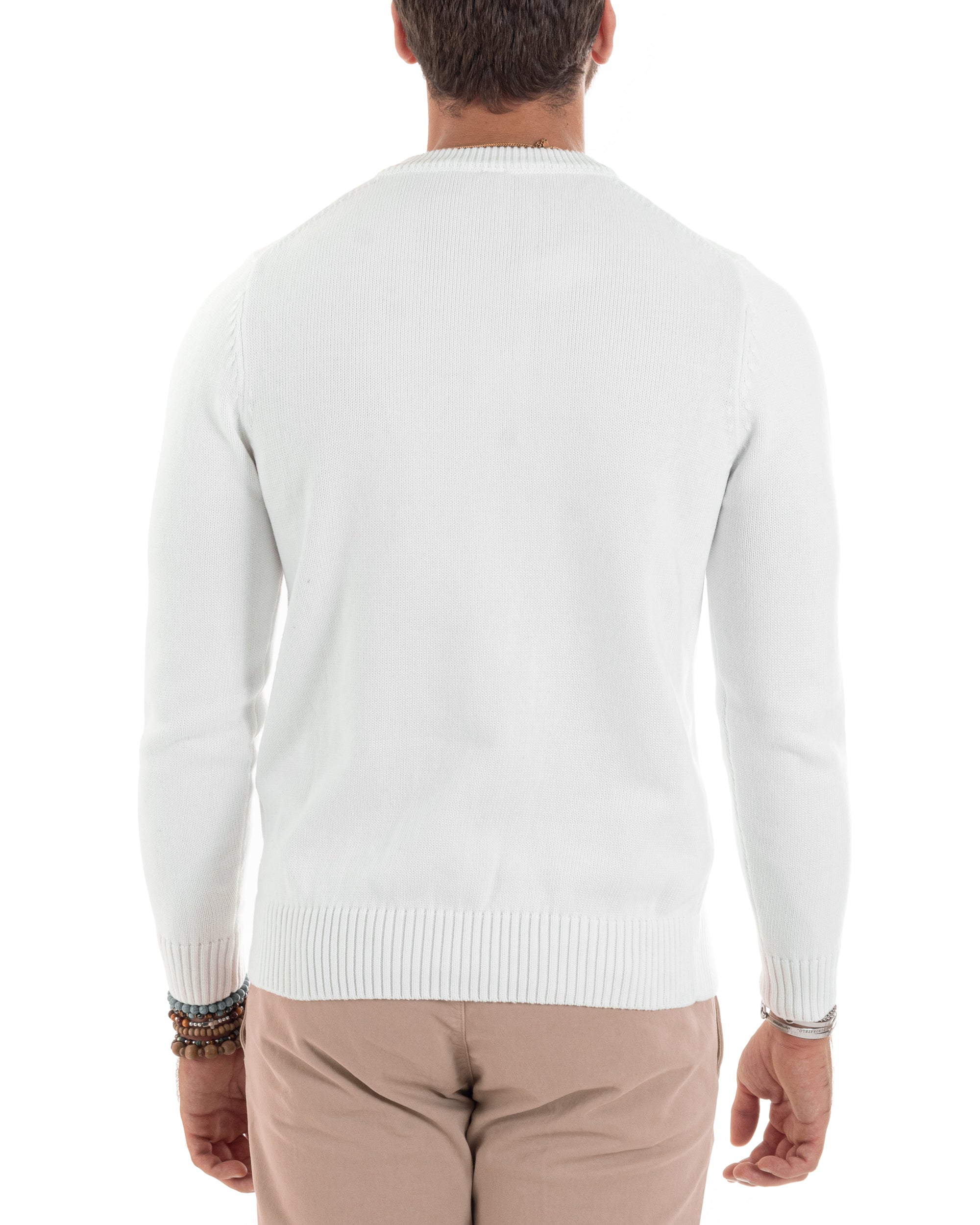 Maglioncino Uomo Girocollo Maglia Inglese Maglione Morbido Basic Tinta Unita Bianco GIOSAL-M2940A