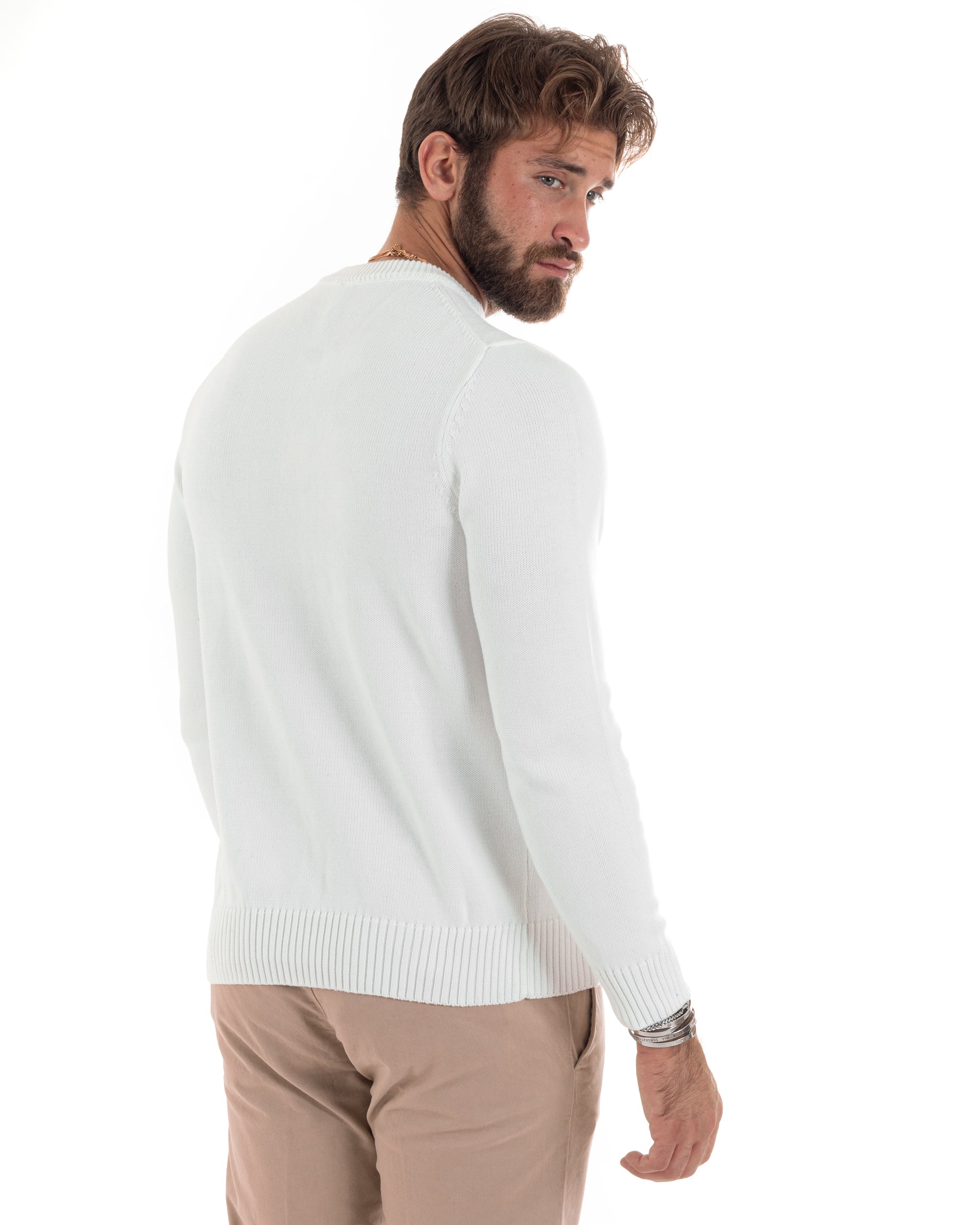 Maglioncino Uomo Girocollo Maglia Inglese Maglione Morbido Basic Tinta Unita Bianco GIOSAL-M2940A