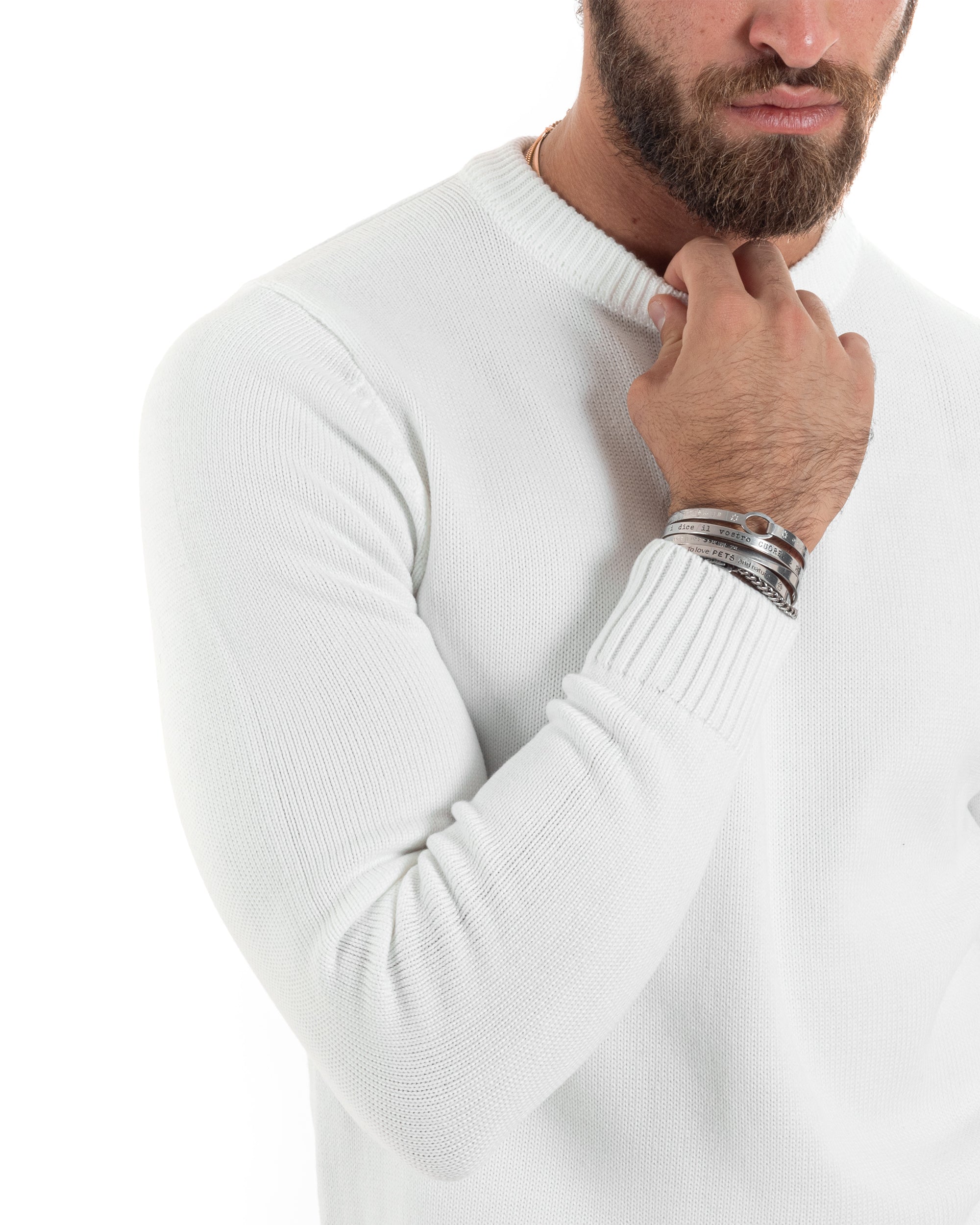 Maglioncino Uomo Girocollo Maglia Inglese Maglione Morbido Basic Tinta Unita Bianco GIOSAL-M2940A