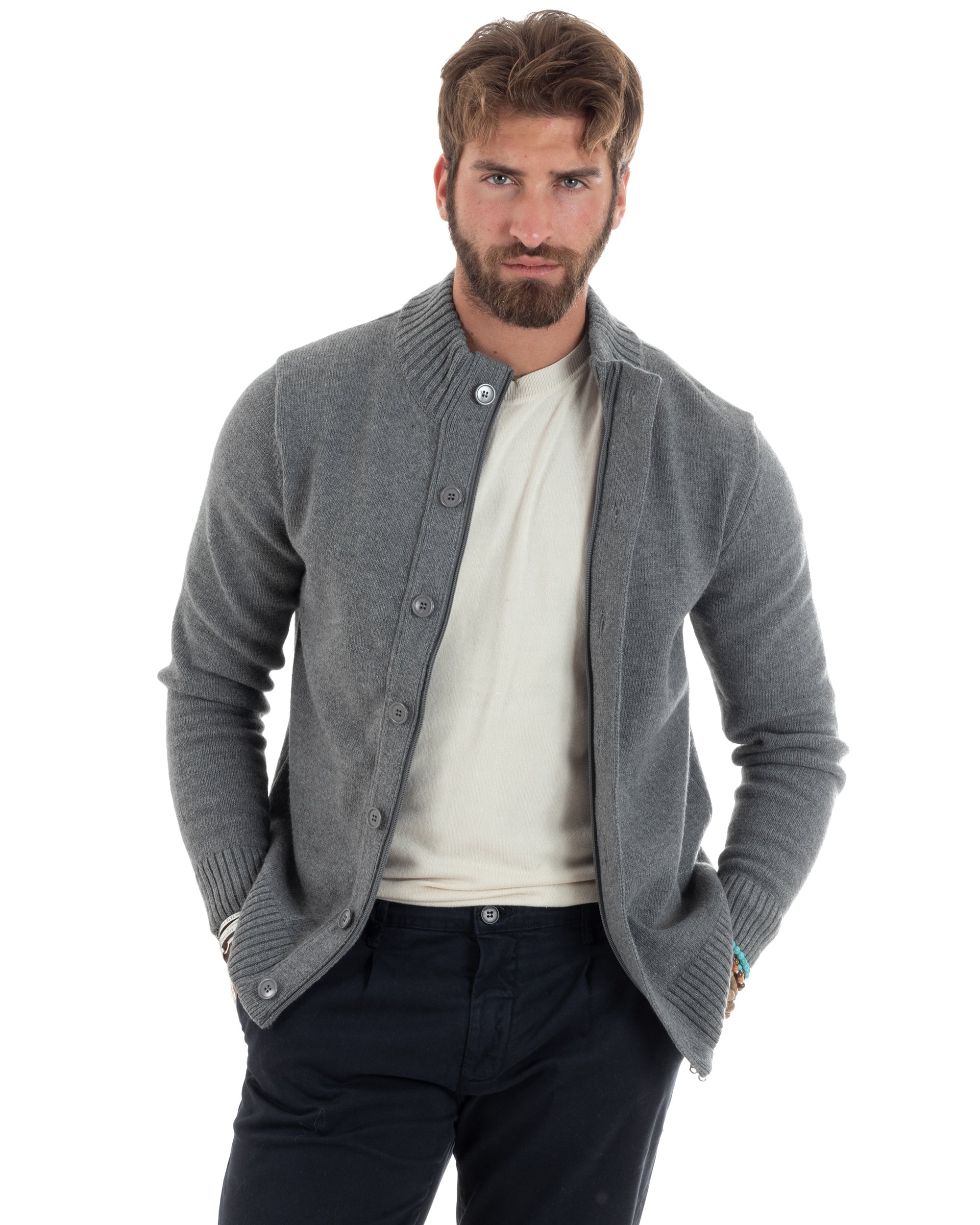 Cardigan Uomo Lana Giacca Comoda Calda Maglioncino Con Collo Bottoni Grigio M2941A