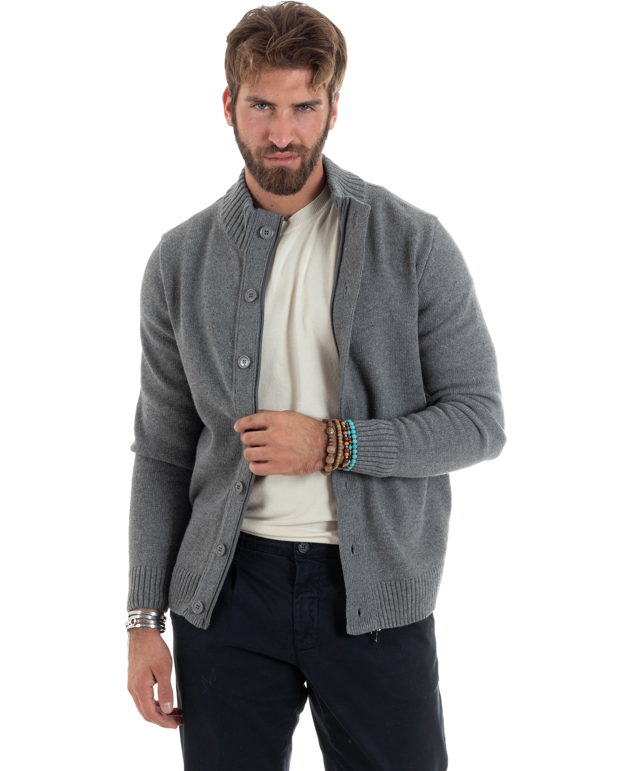 Cardigan Uomo Lana Giacca Comoda Calda Maglioncino Con Collo Bottoni Grigio M2941A
