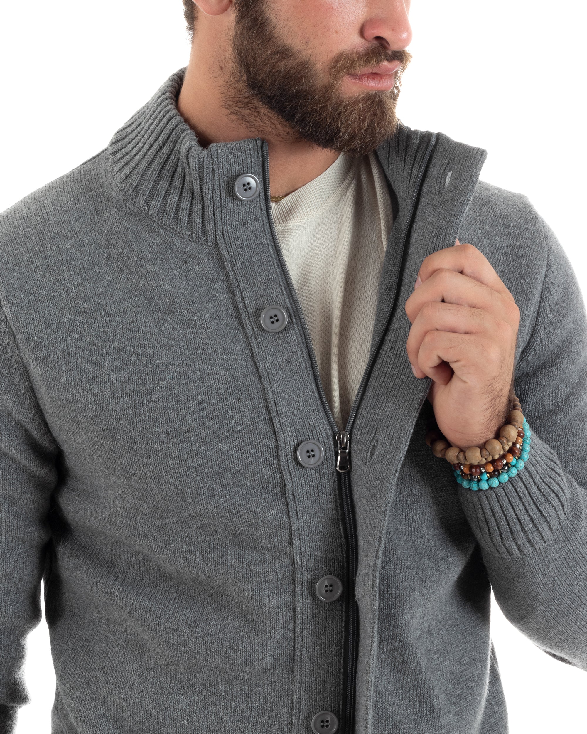 Cardigan Uomo Lana Giacca Comoda Calda Maglioncino Con Collo Bottoni Grigio M2941A