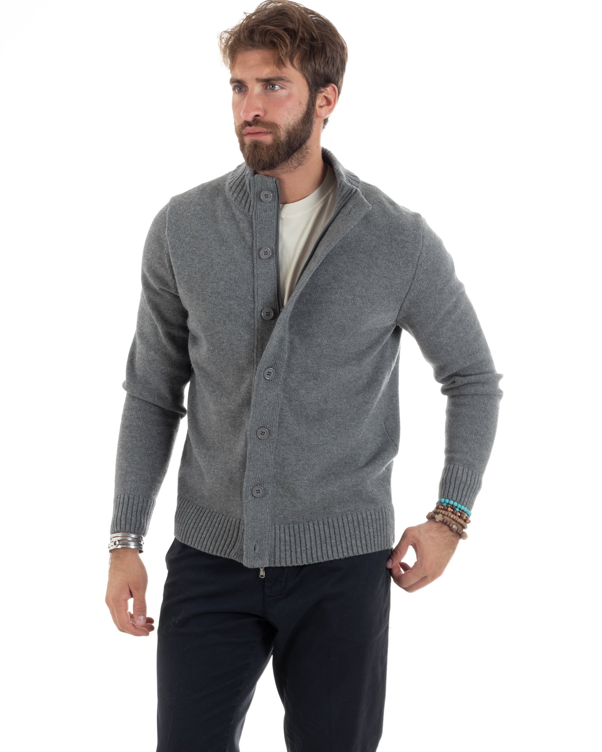 Cardigan Uomo Lana Giacca Comoda Calda Maglioncino Con Collo Bottoni Grigio M2941A