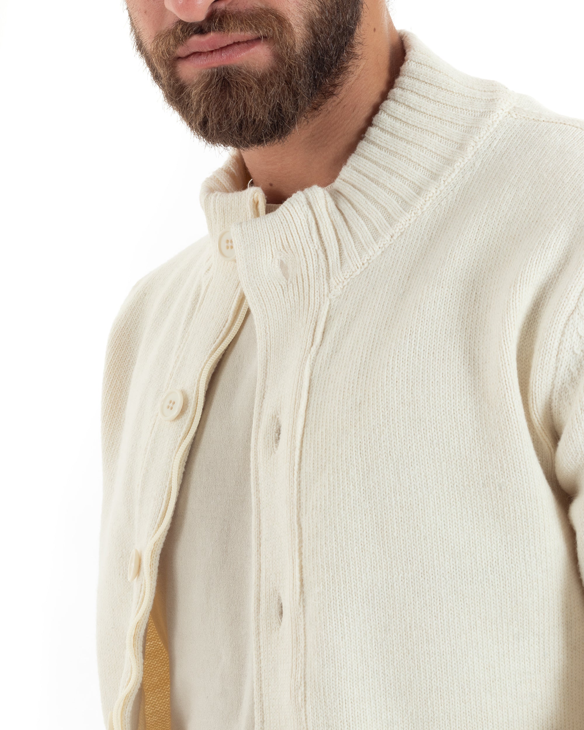 Cardigan Uomo Lana Giacca Comoda Calda Maglioncino Con Collo Bottoni Panna M2943A