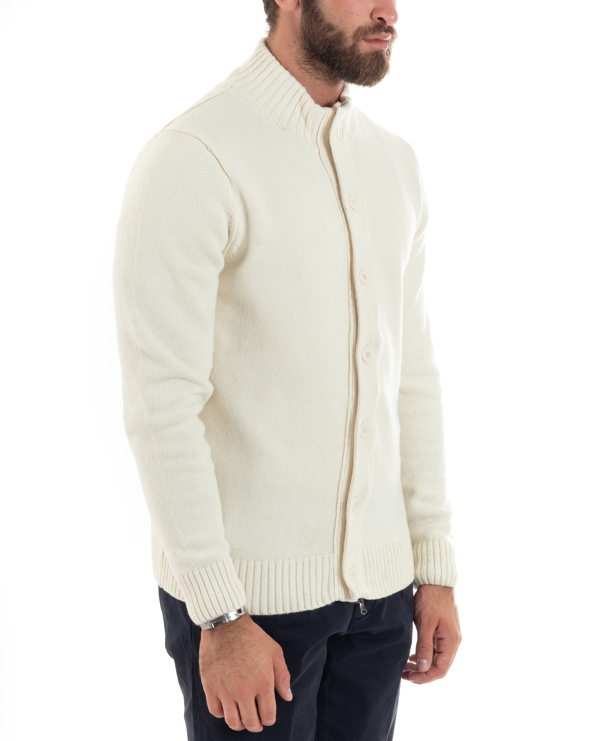 Cardigan Uomo Lana Giacca Comoda Calda Maglioncino Con Collo Bottoni Panna M2943A