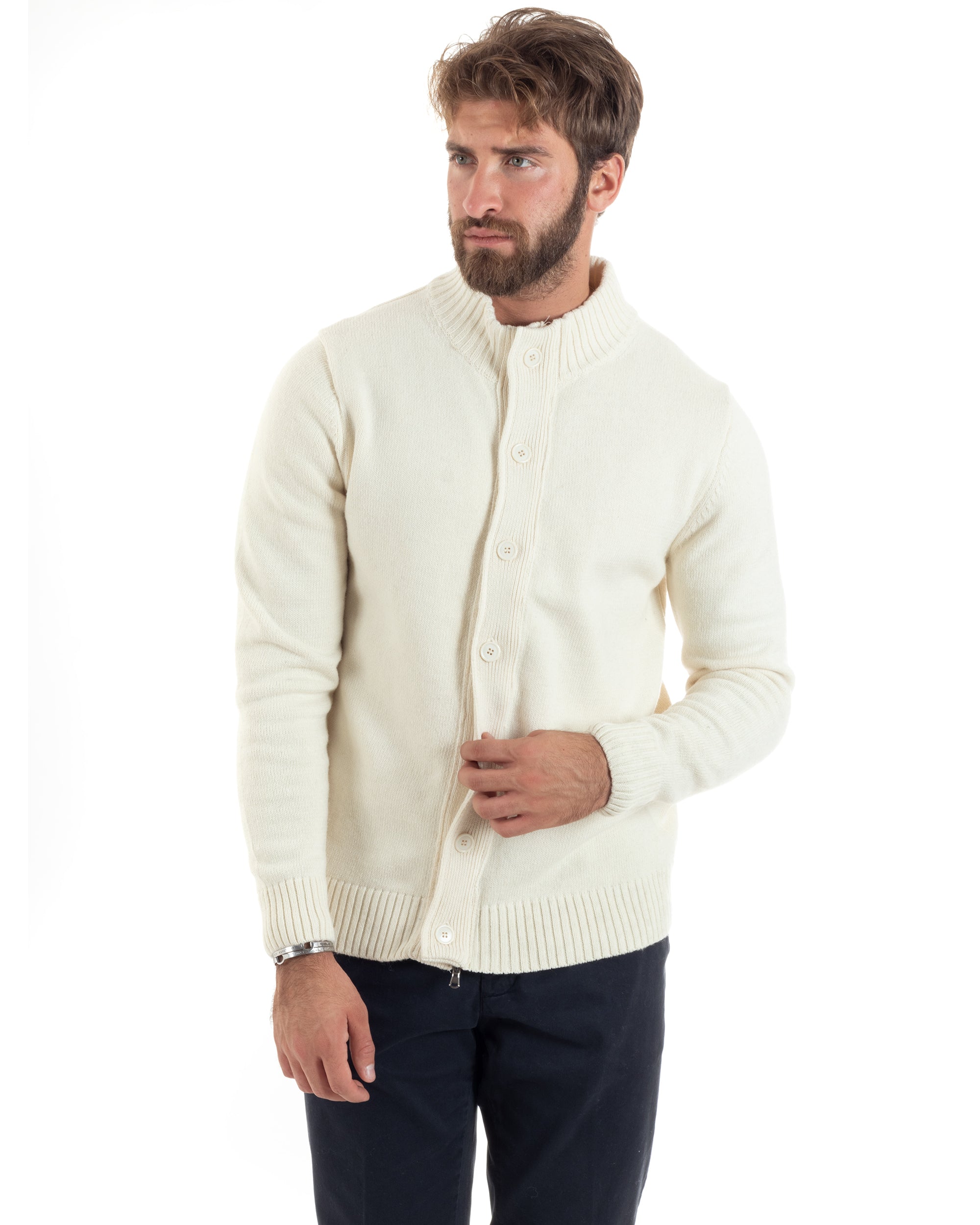 Cardigan Uomo Lana Giacca Comoda Calda Maglioncino Con Collo Bottoni Panna M2943A
