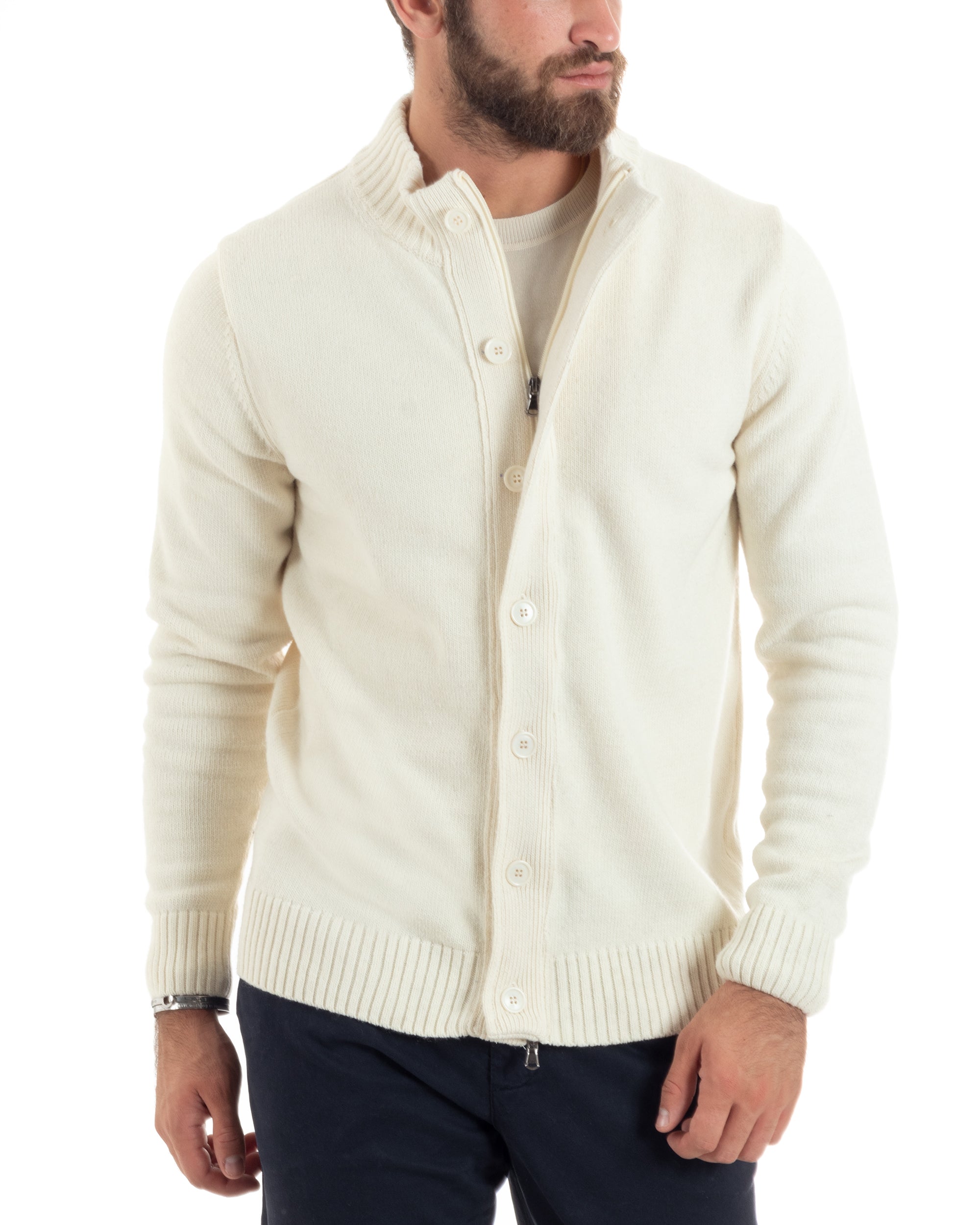 Cardigan Uomo Lana Giacca Comoda Calda Maglioncino Con Collo Bottoni Panna M2943A