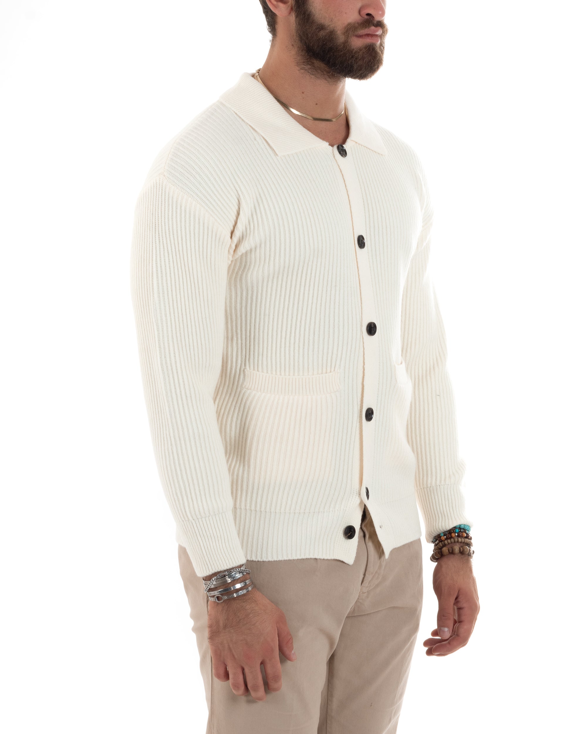 Cardigan Uomo Con Bottoni Maglioncino Con Colletto Polo Maniche Lunghe Tinta Unita Panna GIOSAL-M2947A