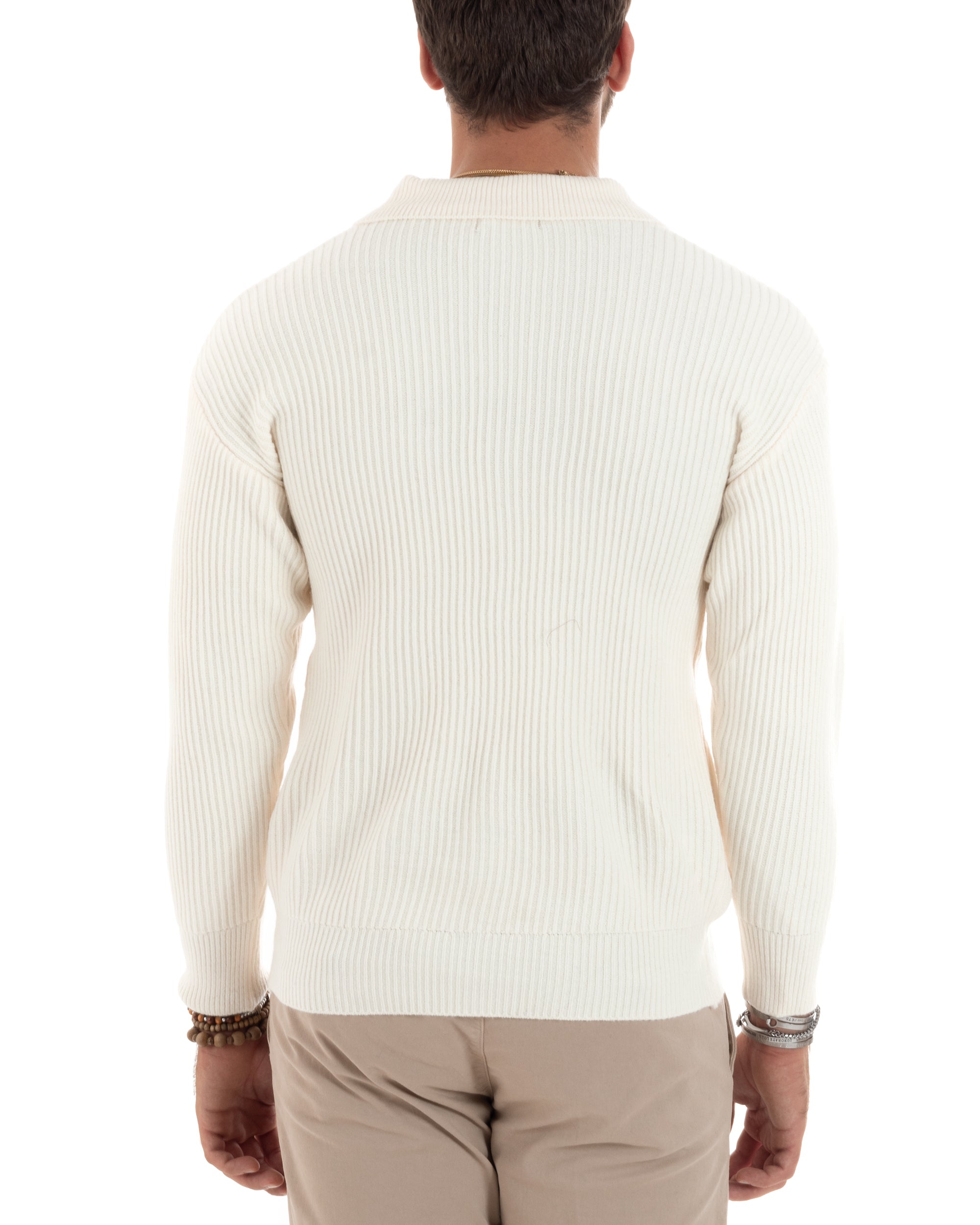 Cardigan Uomo Con Bottoni Maglioncino Con Colletto Polo Maniche Lunghe Tinta Unita Panna GIOSAL-M2947A