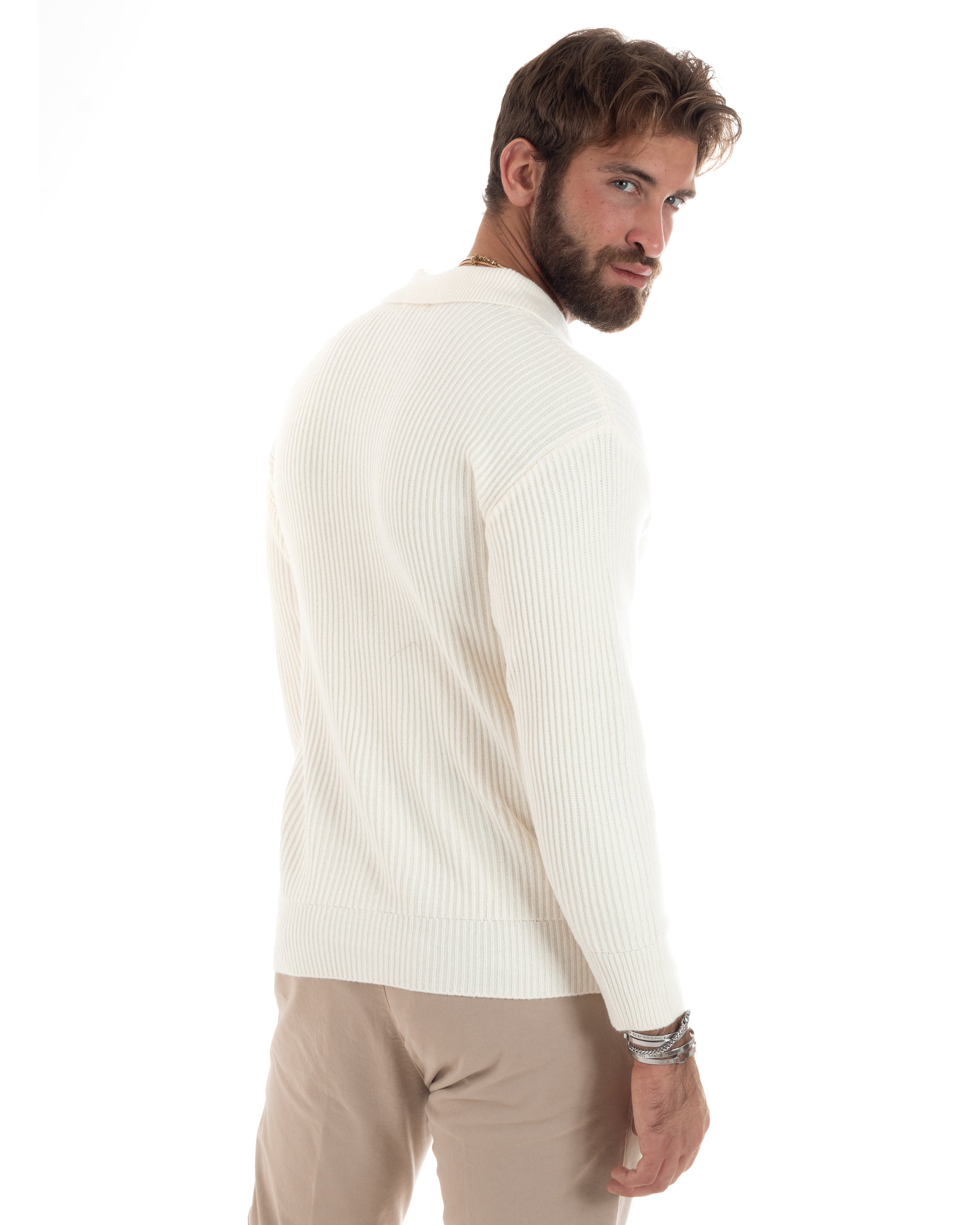 Cardigan Uomo Con Bottoni Maglioncino Con Colletto Polo Maniche Lunghe Tinta Unita Panna GIOSAL-M2947A