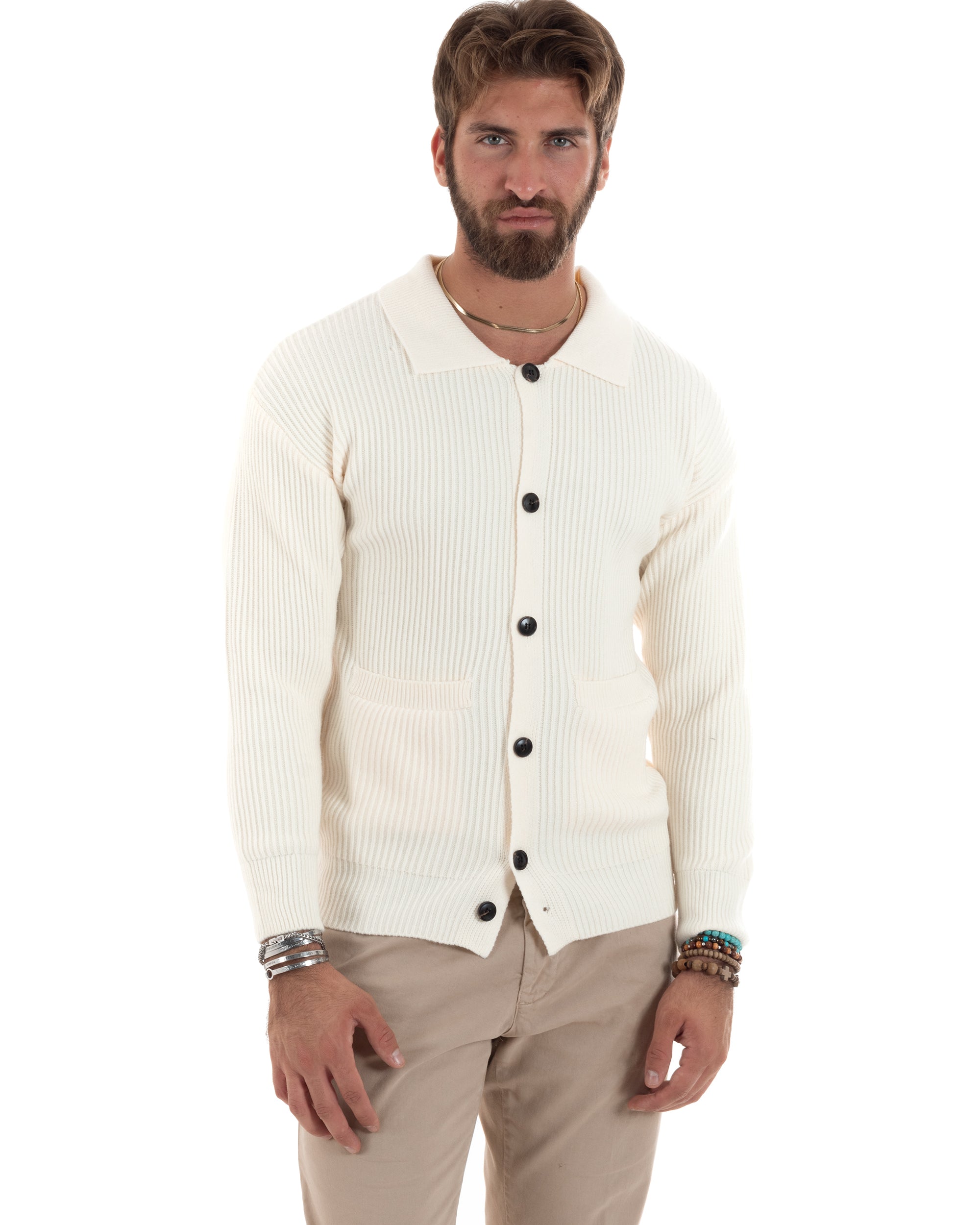 Cardigan Uomo Con Bottoni Maglioncino Con Colletto Polo Maniche Lunghe Tinta Unita Panna GIOSAL-M2947A